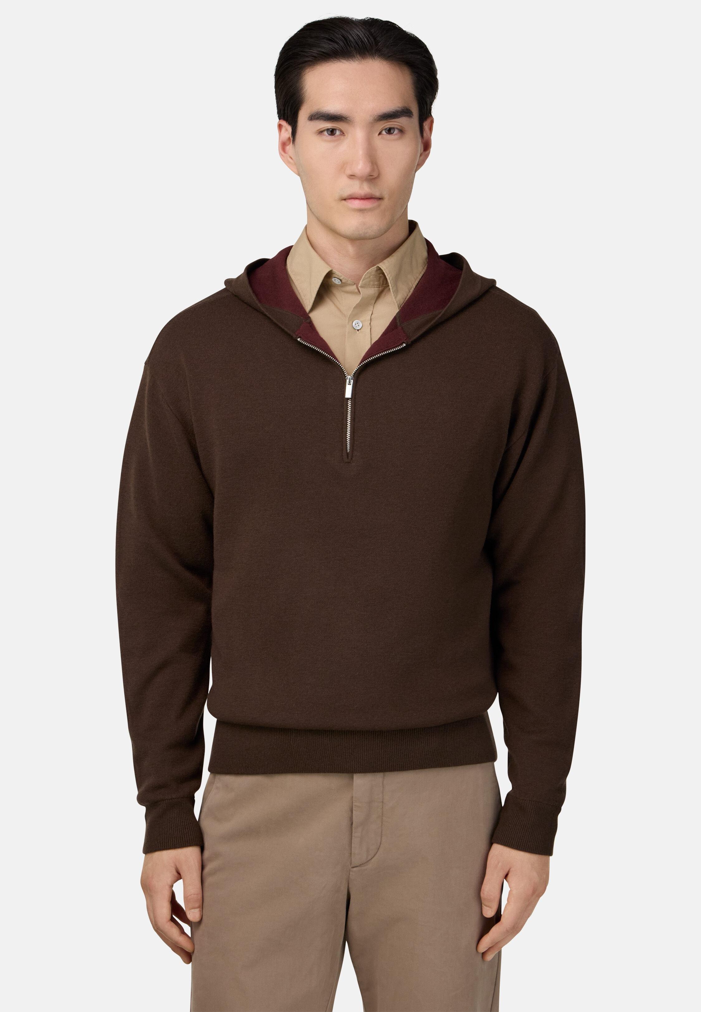 Half-Zip Hoodie in Wool and Cashmere Brown, Dark brown, medium