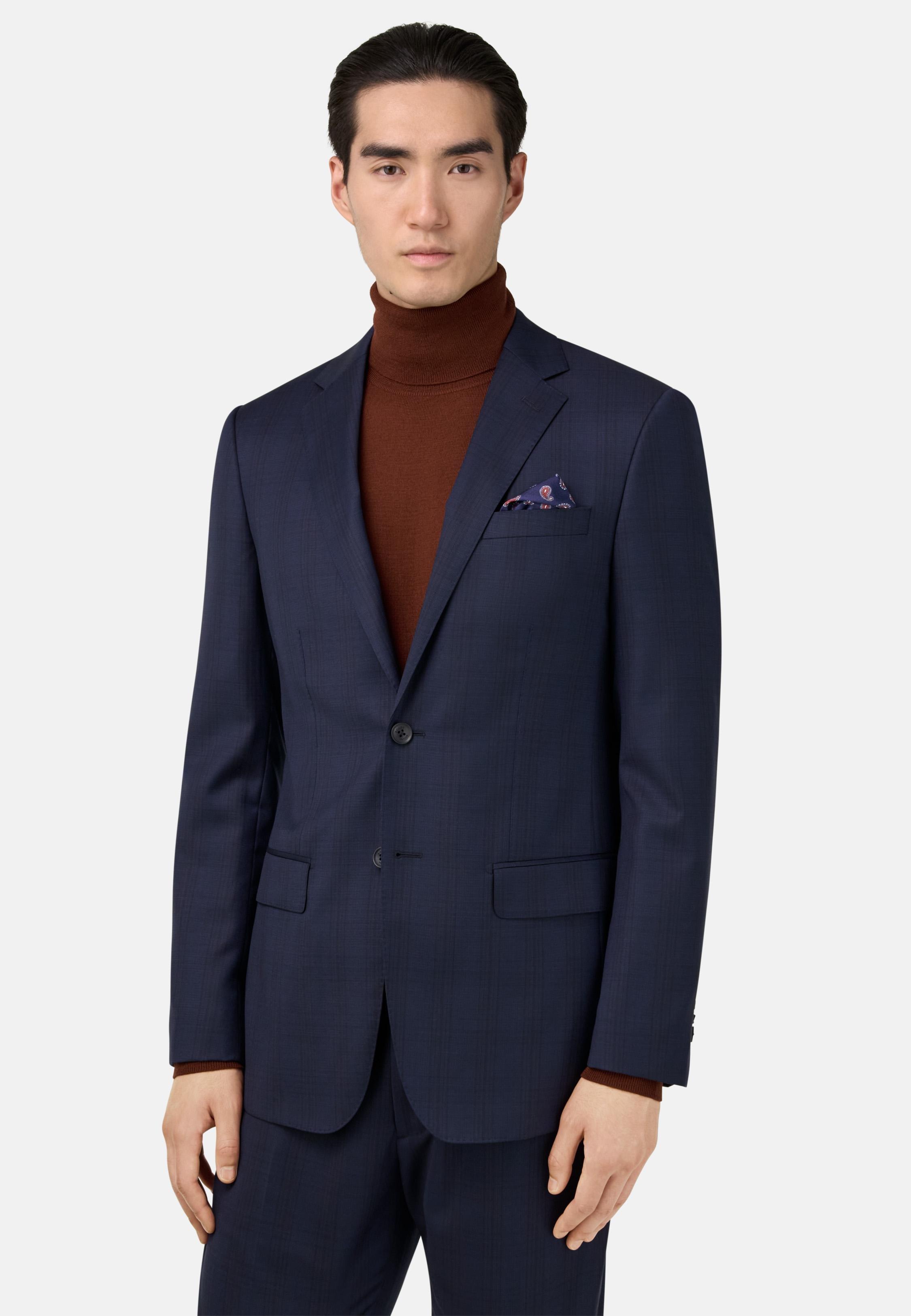 BLUE Prince of Wales Check Natural Stretch Wool Suit, Navy blue, medium