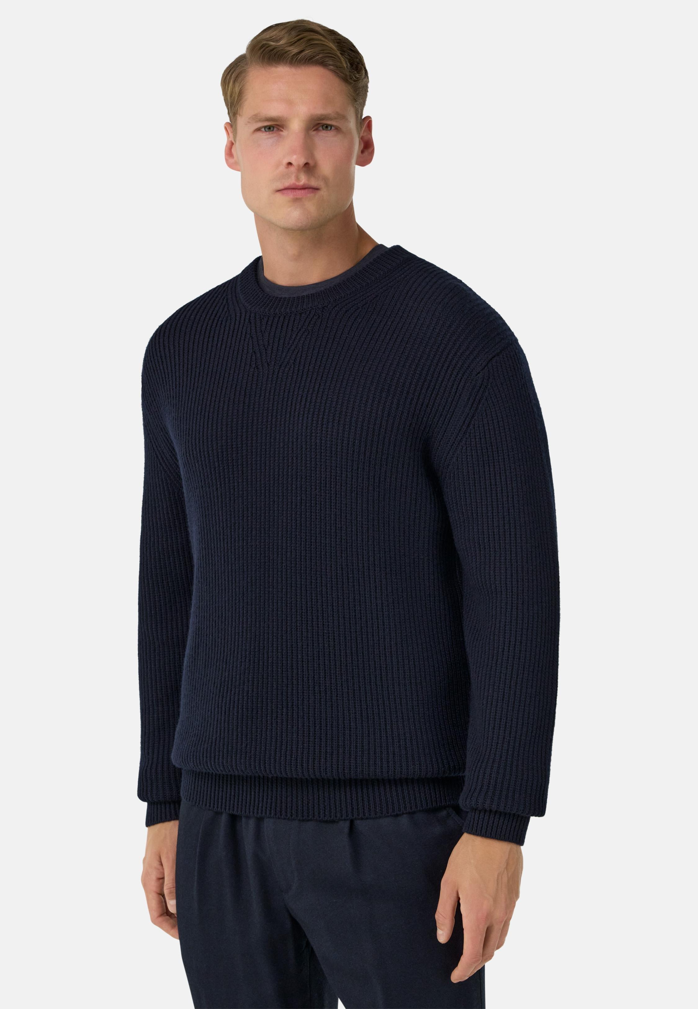 Merino Wool Crew Neck Jumper Blue, Navy blue, large image number 0