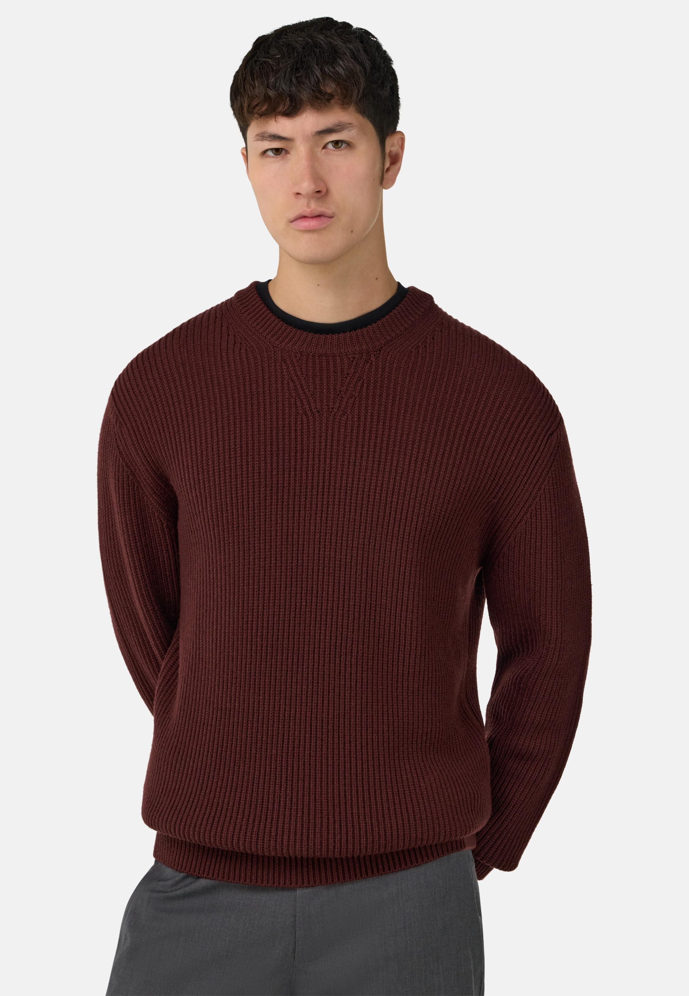 Merino Wool Crew Neck Jumper Red, Burgundy, large image number 0