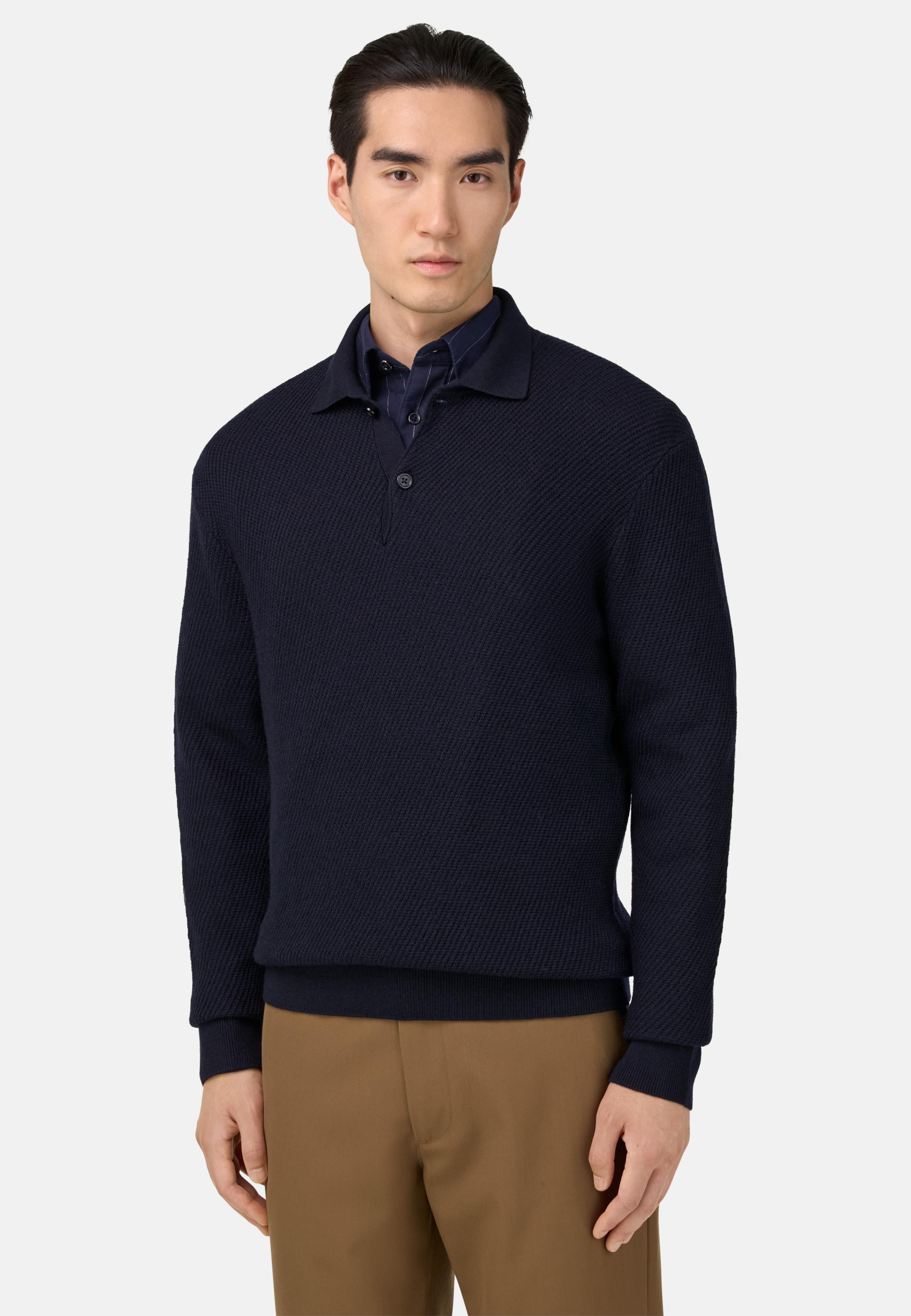 Knitted Merino Wool Polo Shirt Navy, Navy blue, large image number 0