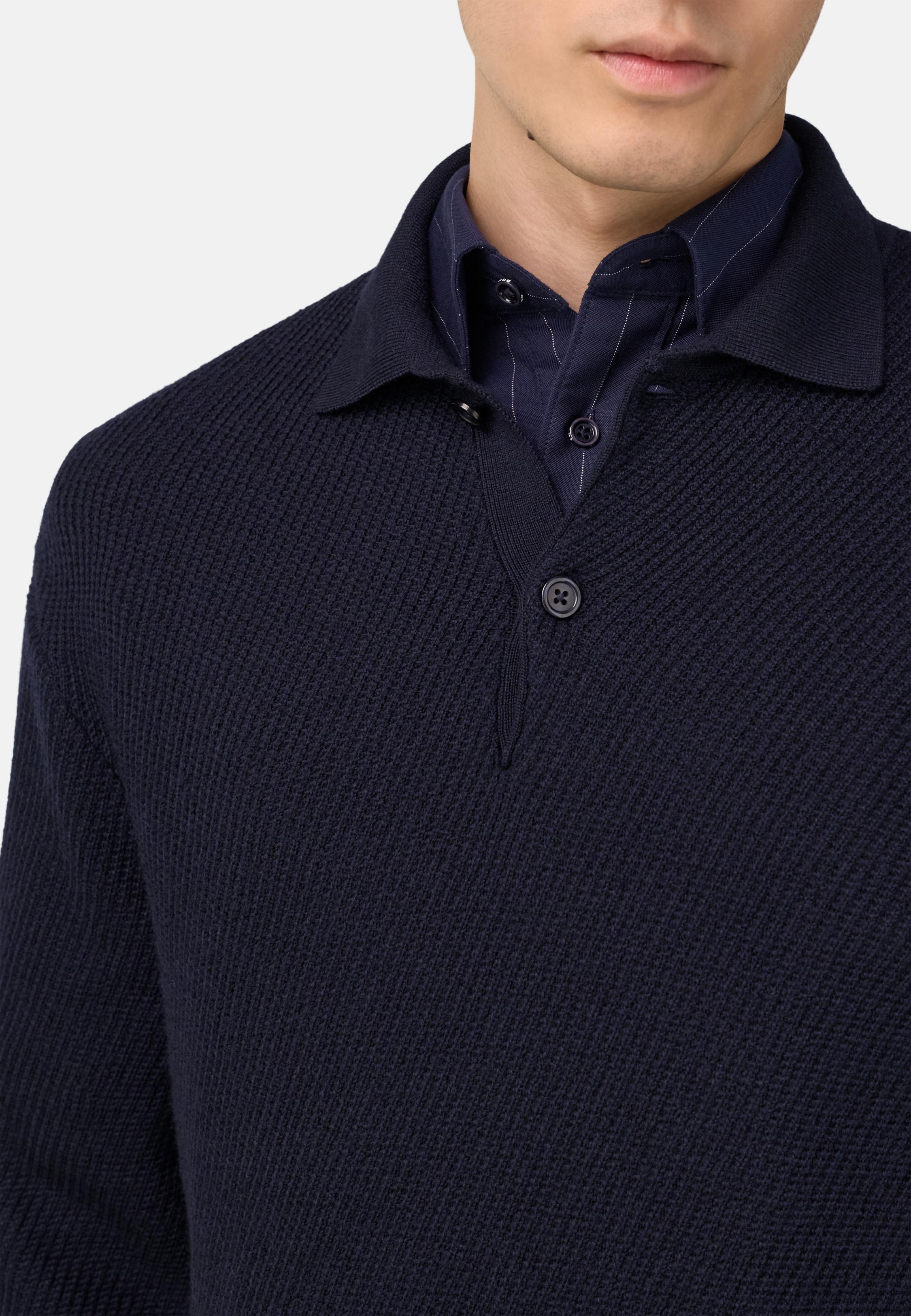 Knitted Merino Wool Polo Shirt Navy, Navy blue, medium