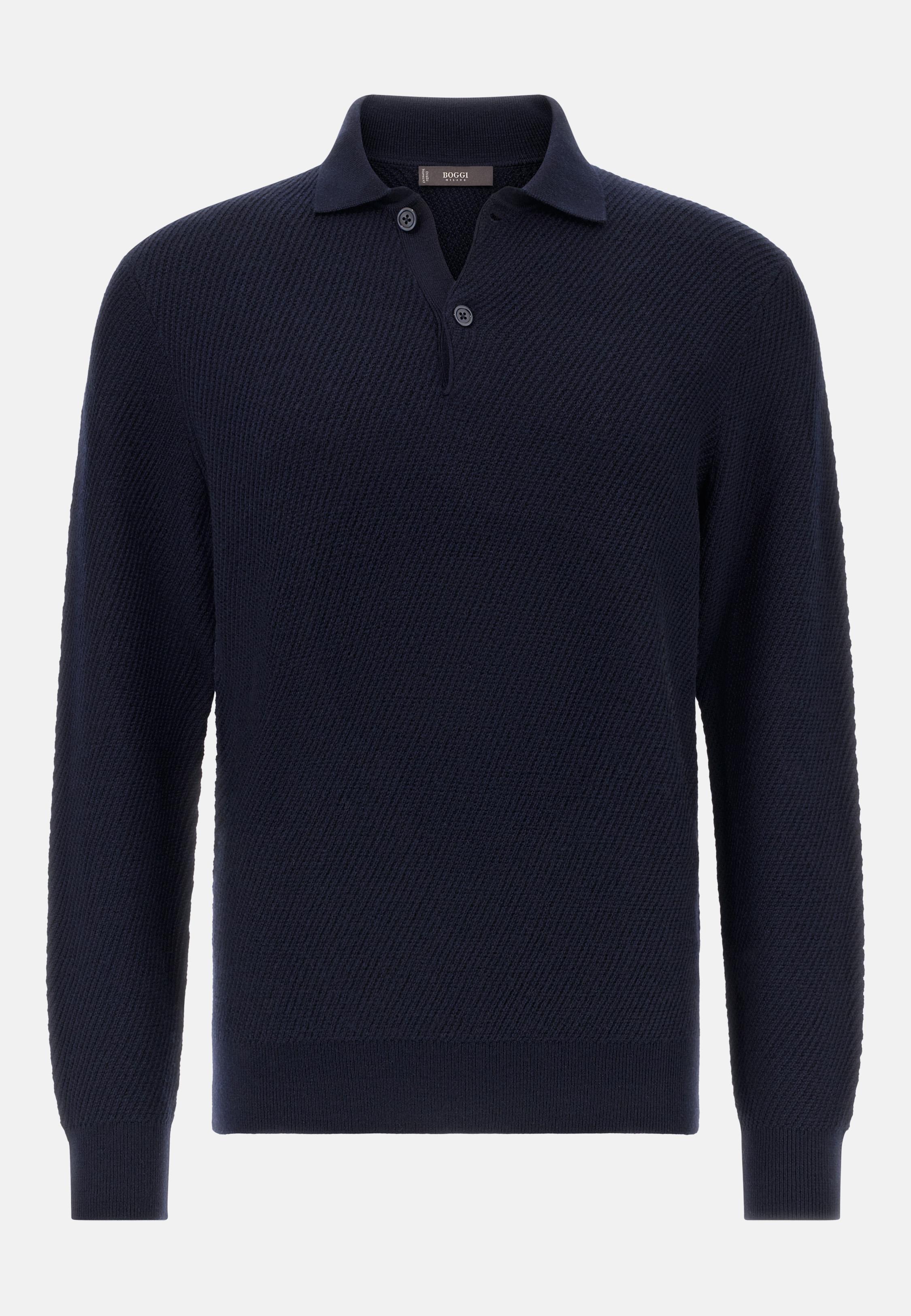 Knitted Merino Wool Polo Shirt Navy, Navy blue, medium