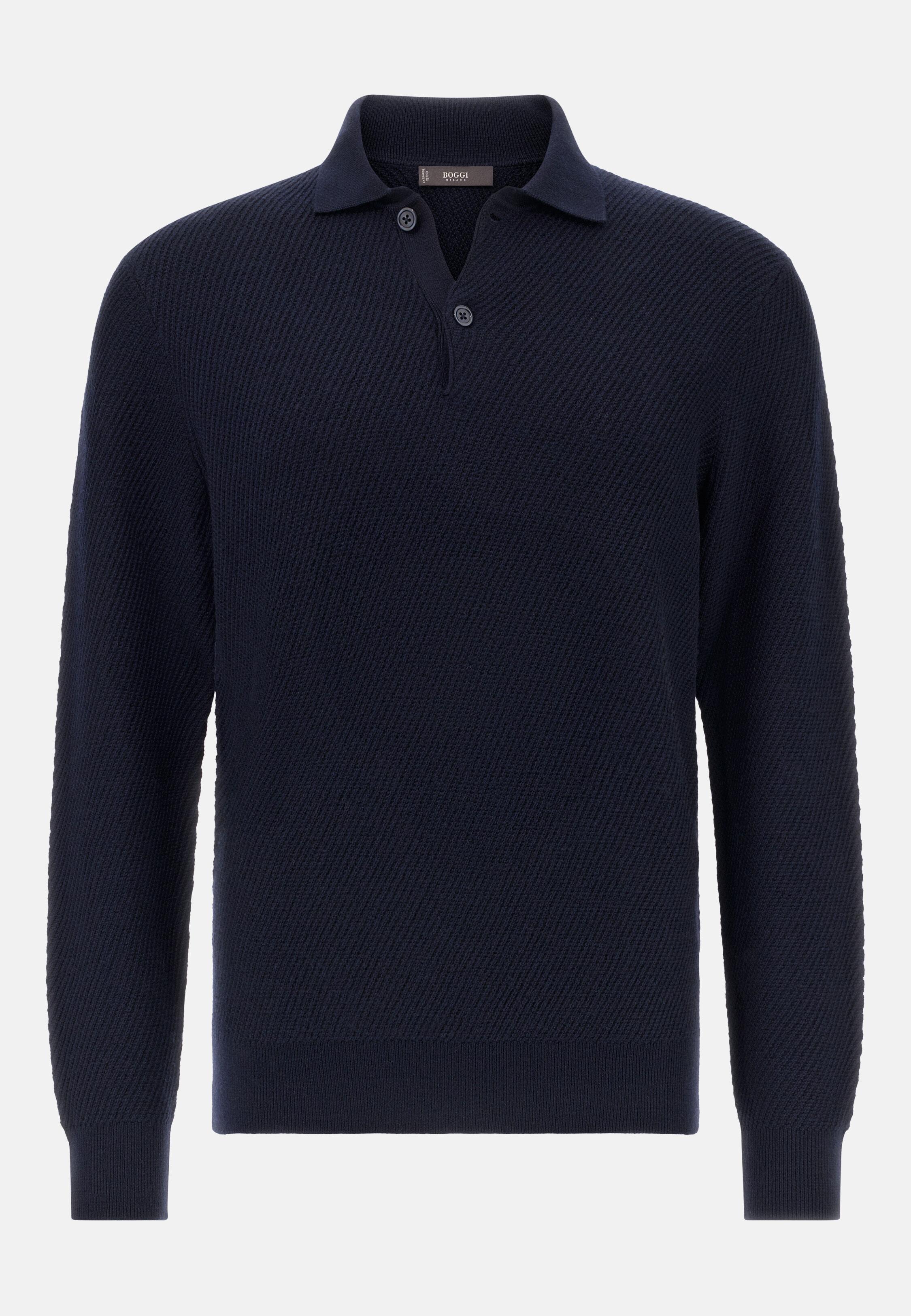 Knitted Merino Wool Polo Shirt Navy, Navy blue, large image number 4