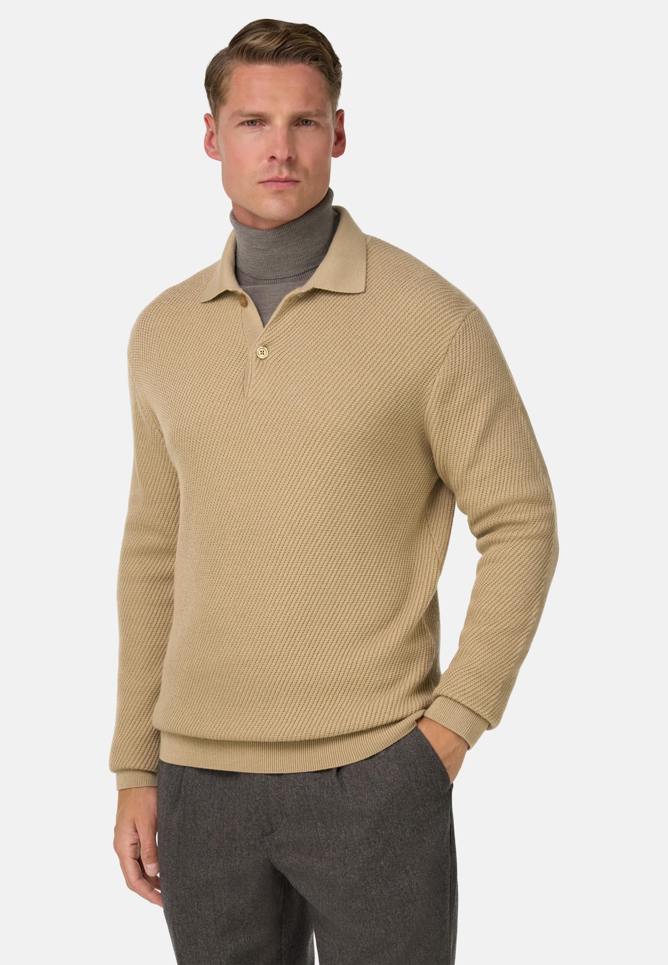 BEIGE Knitted Merino Wool Polo Shirt, Beige, medium
