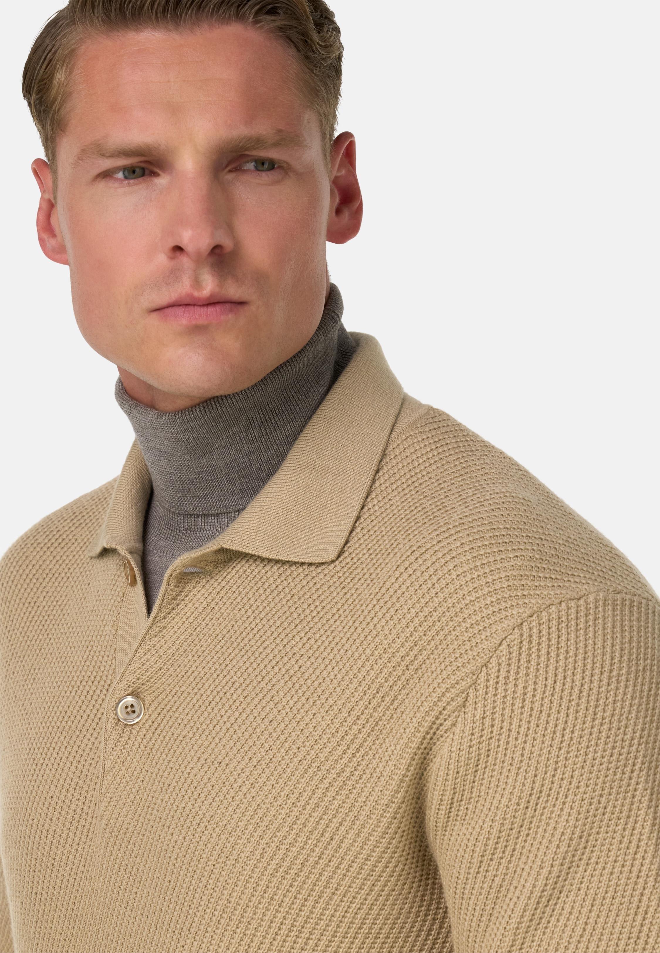 BEIGE Knitted Merino Wool Polo Shirt, Beige, large image number 2