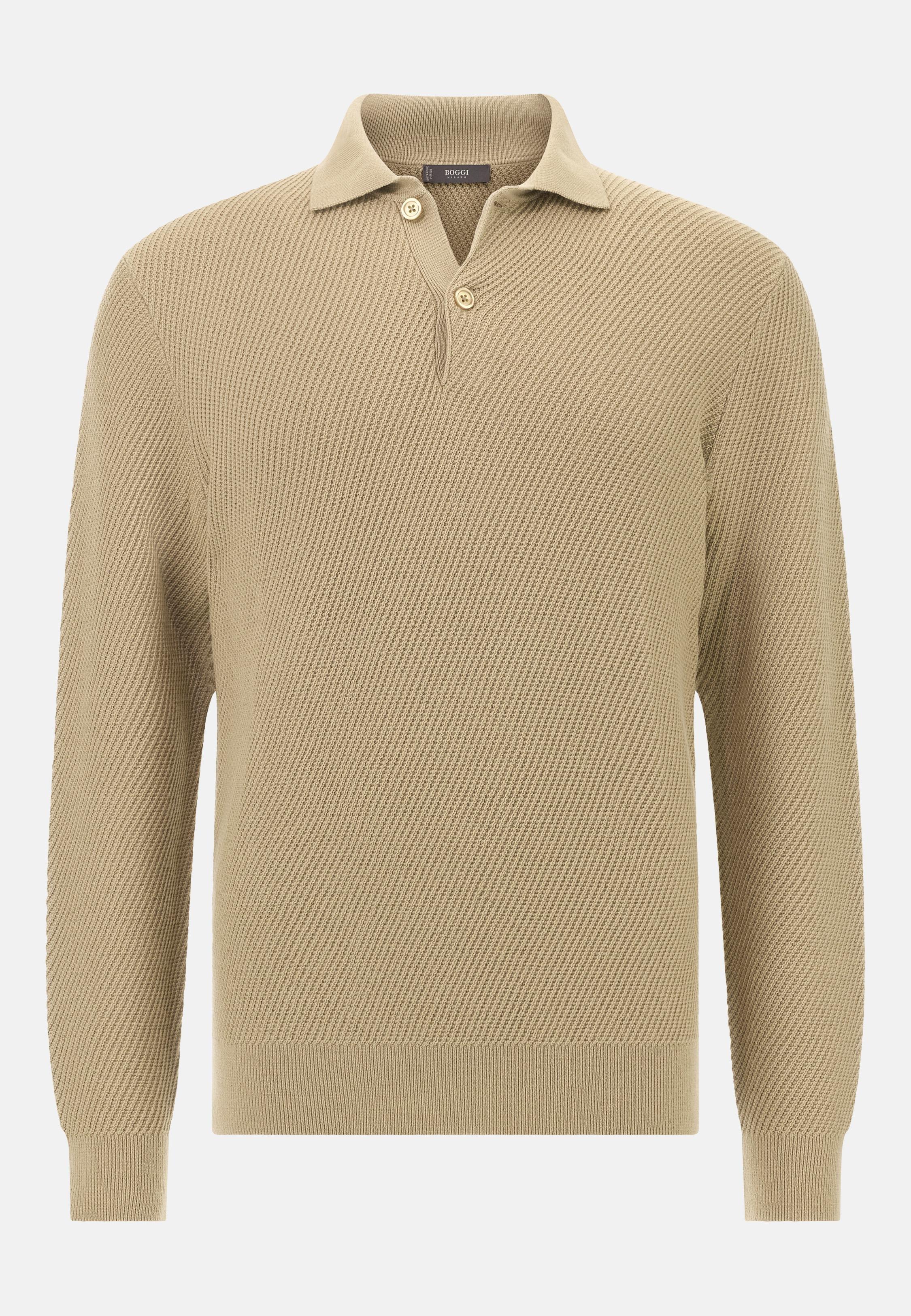 BEIGE Knitted Merino Wool Polo Shirt, Beige, large image number 3