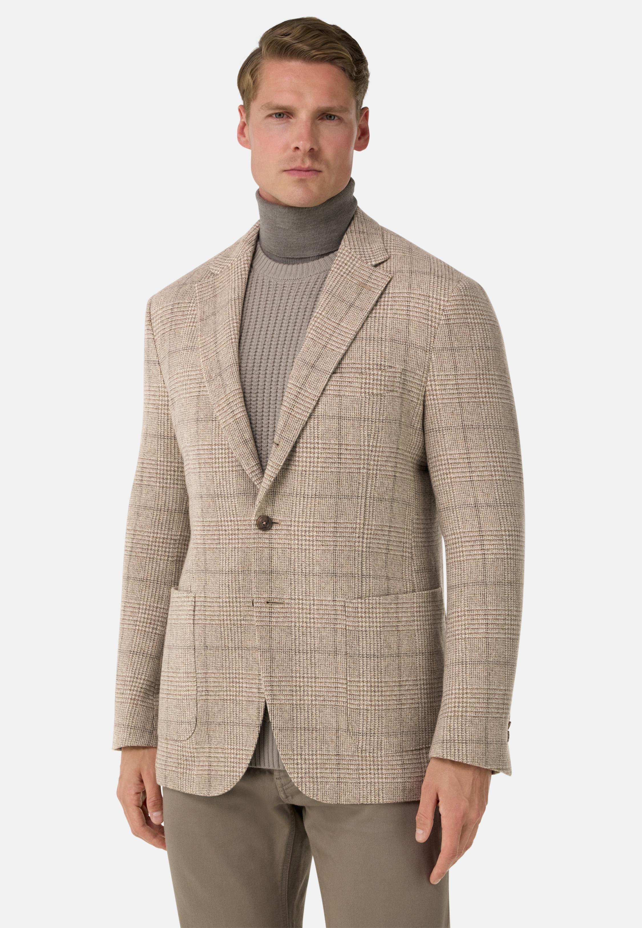Prince Of Wales Check Jacket In Wool And Cashmere Brown, Taupe, medium