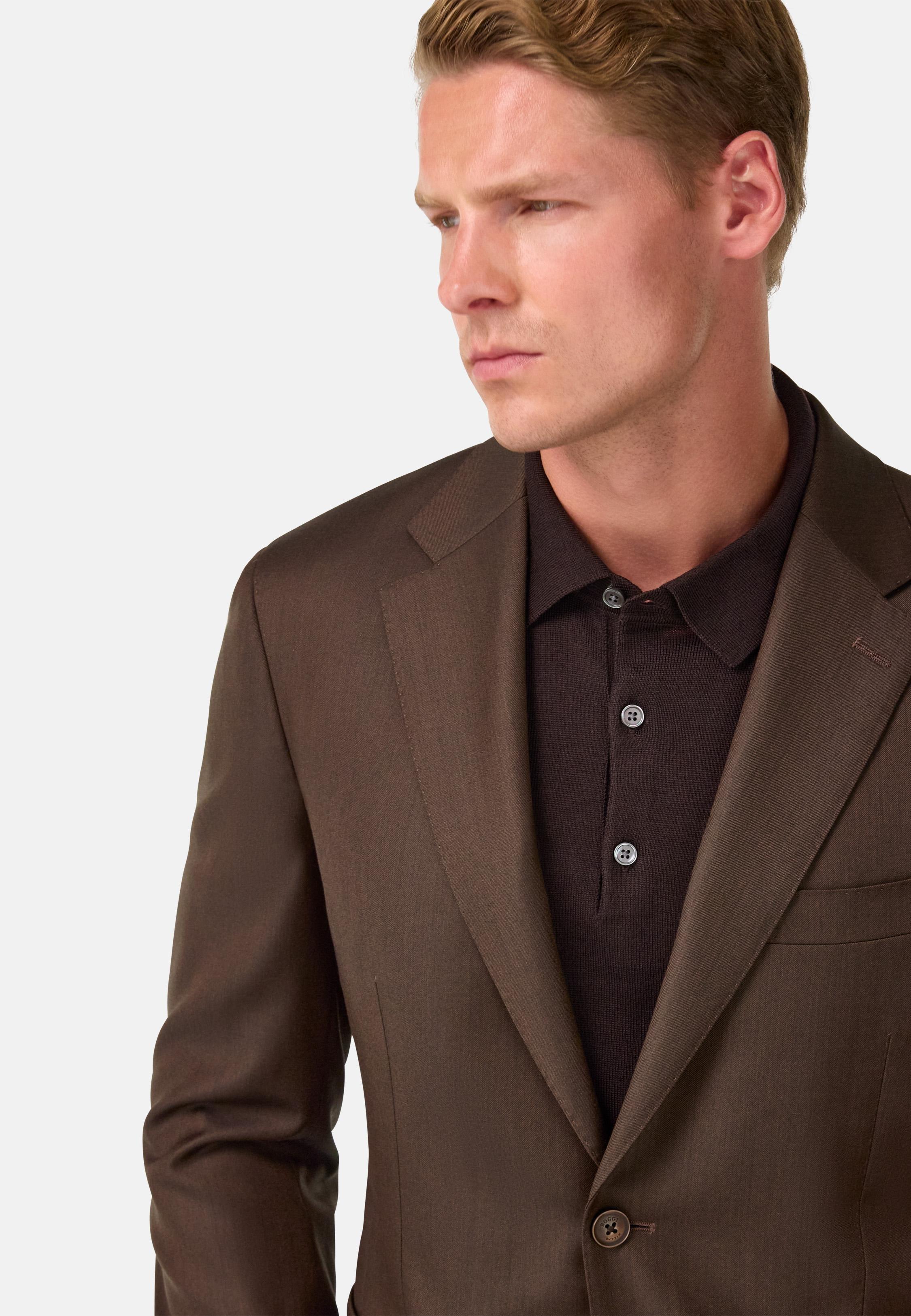 Plain Stretch Wool Suit Brown, Brown, medium