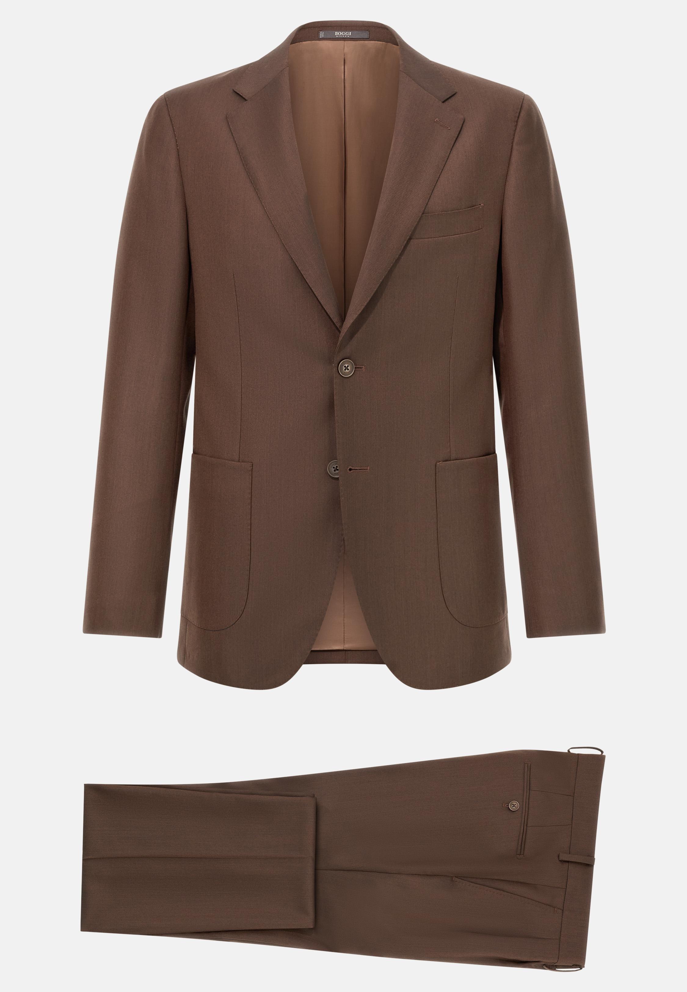 Plain Stretch Wool Suit Brown, Brown, medium
