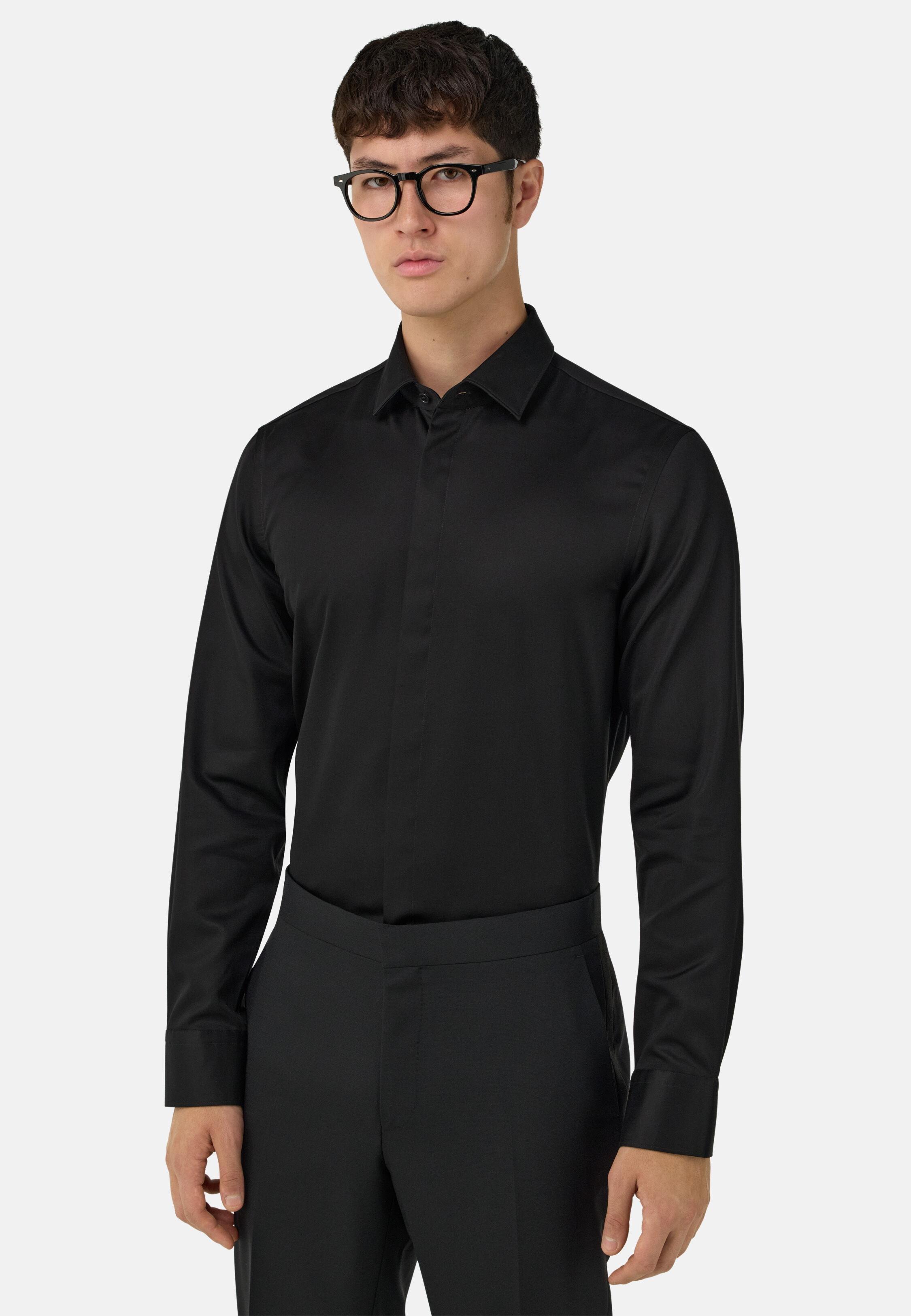Slim Fit Cotton Satin Shirt Black, Black, large image number 0
