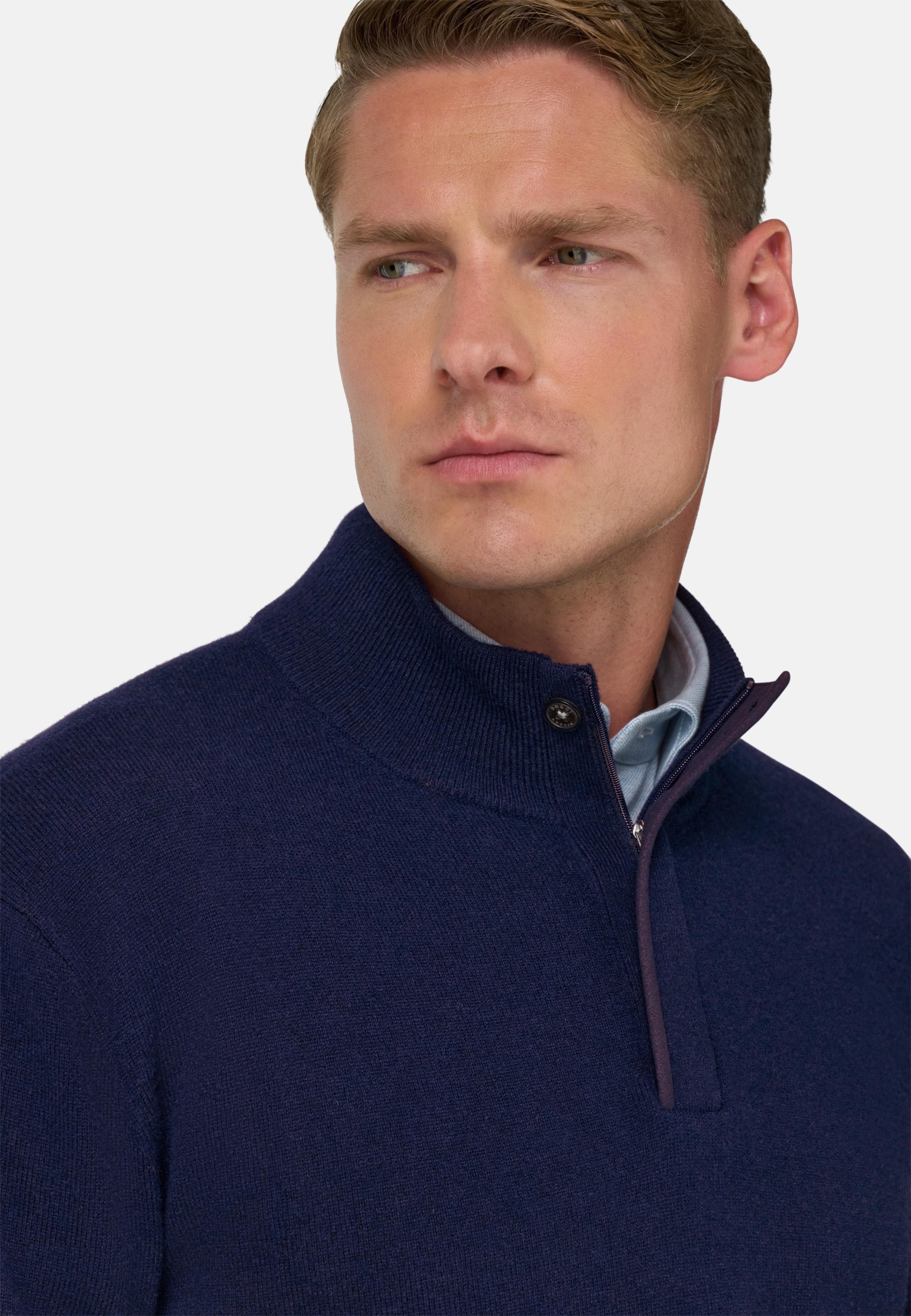 BLUE Wool/Cashmere Half Zip Jumper, Navy blue, medium