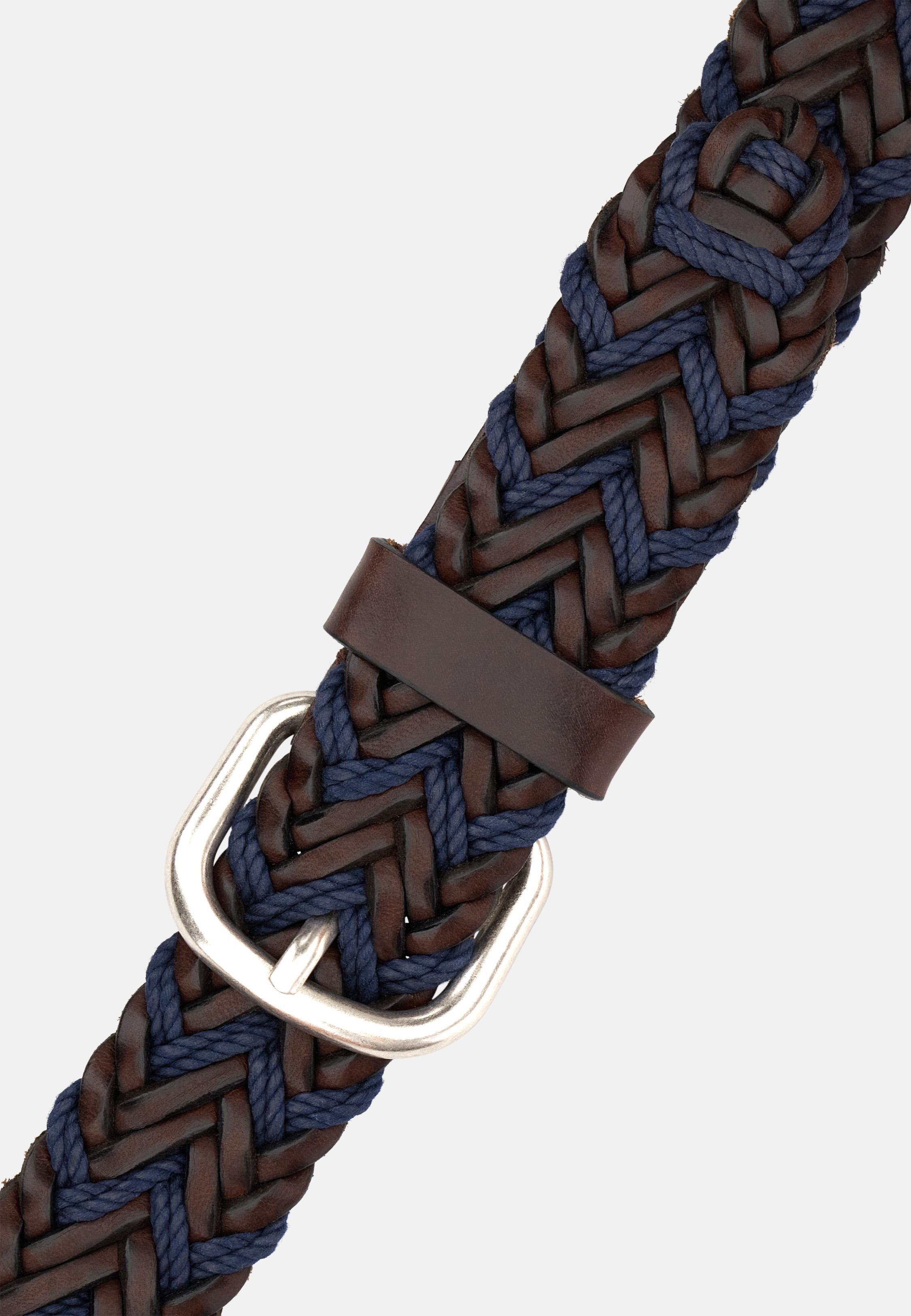 Woven Belt in Stretch Leather and Cotton Brown, Brown, medium