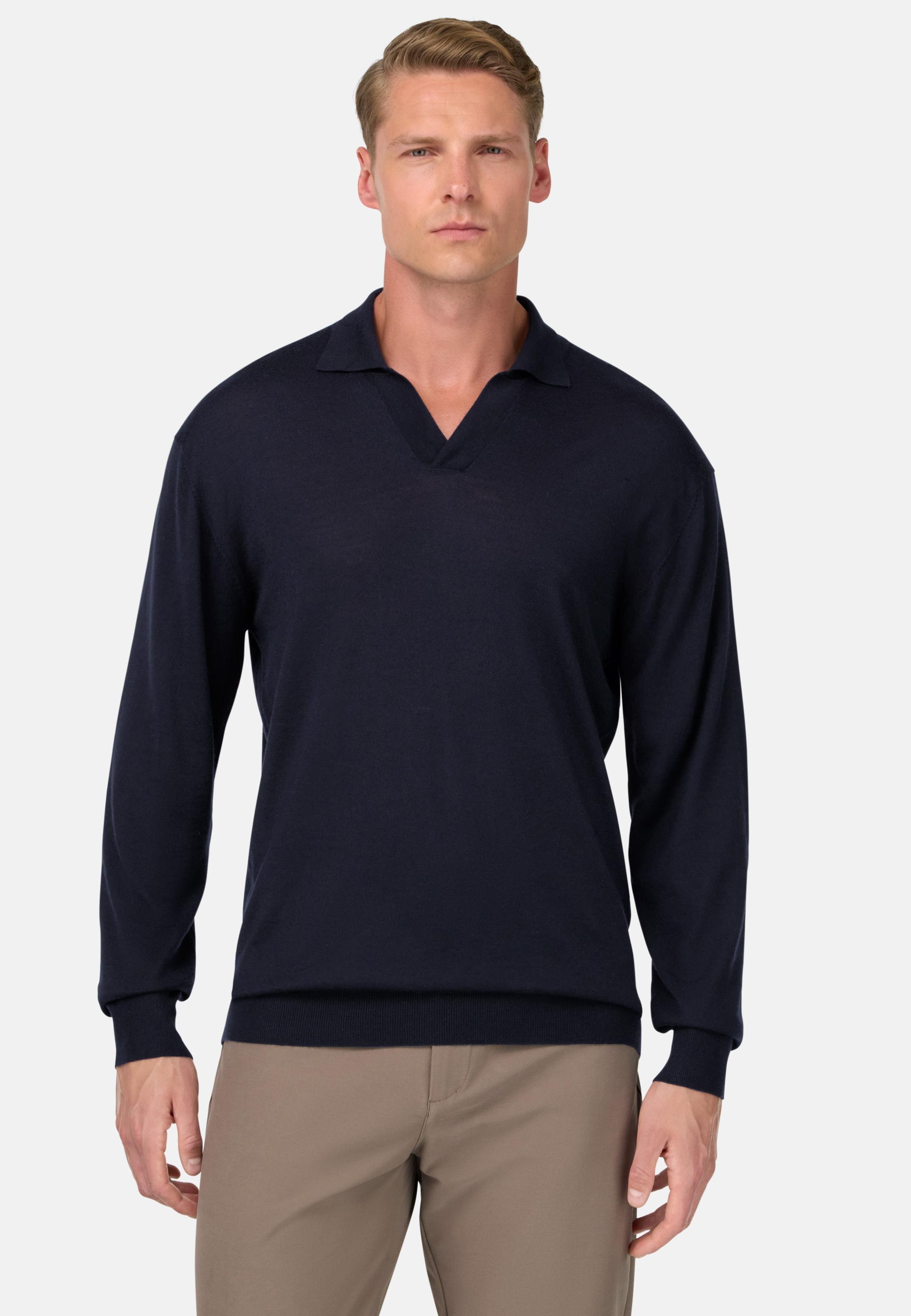 Knitted Polo Shirt In Wool, Silk And Cashmere Blue, Navy blue, medium