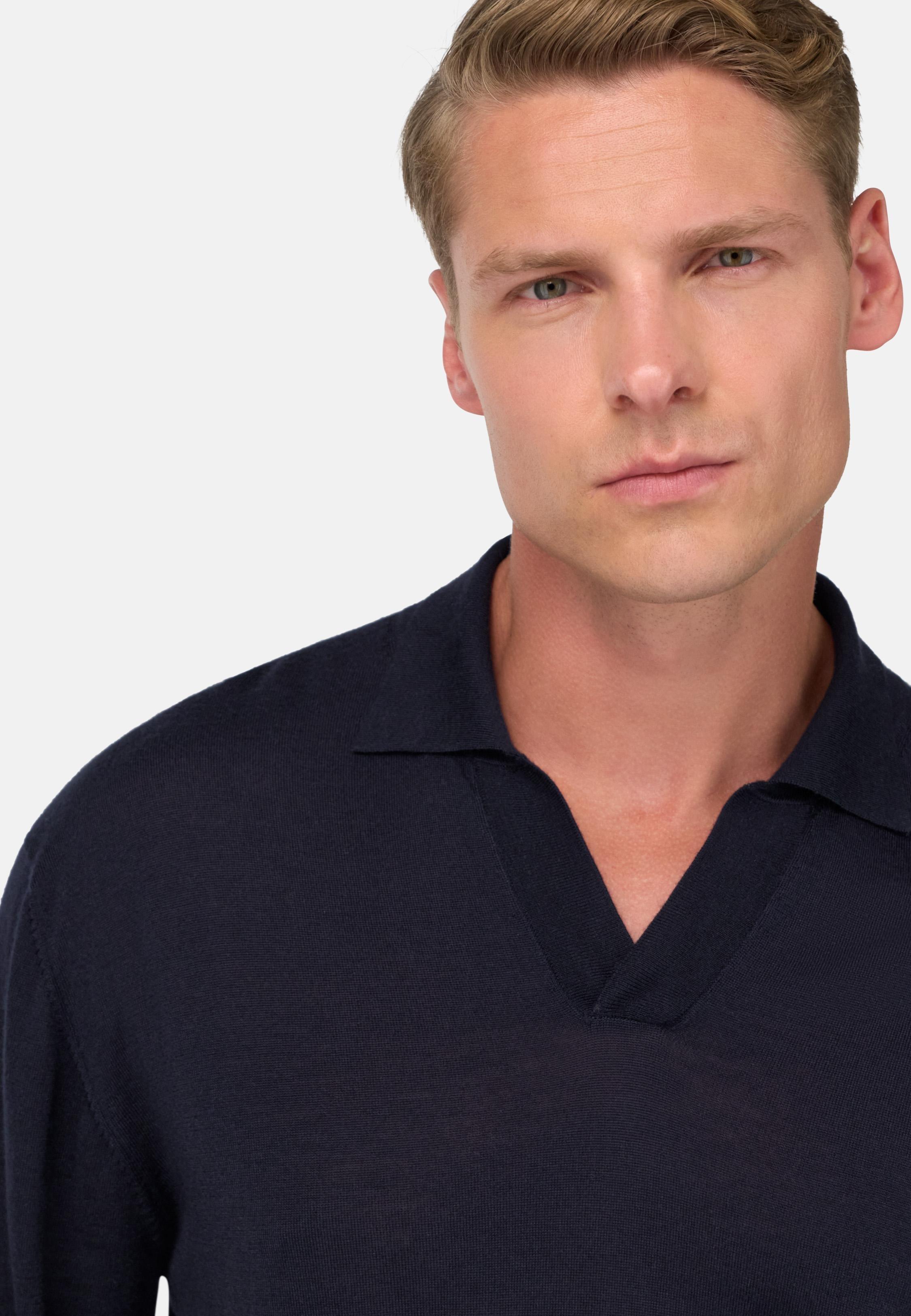 Knitted Polo Shirt In Wool, Silk And Cashmere Blue, Navy blue, large image number 2