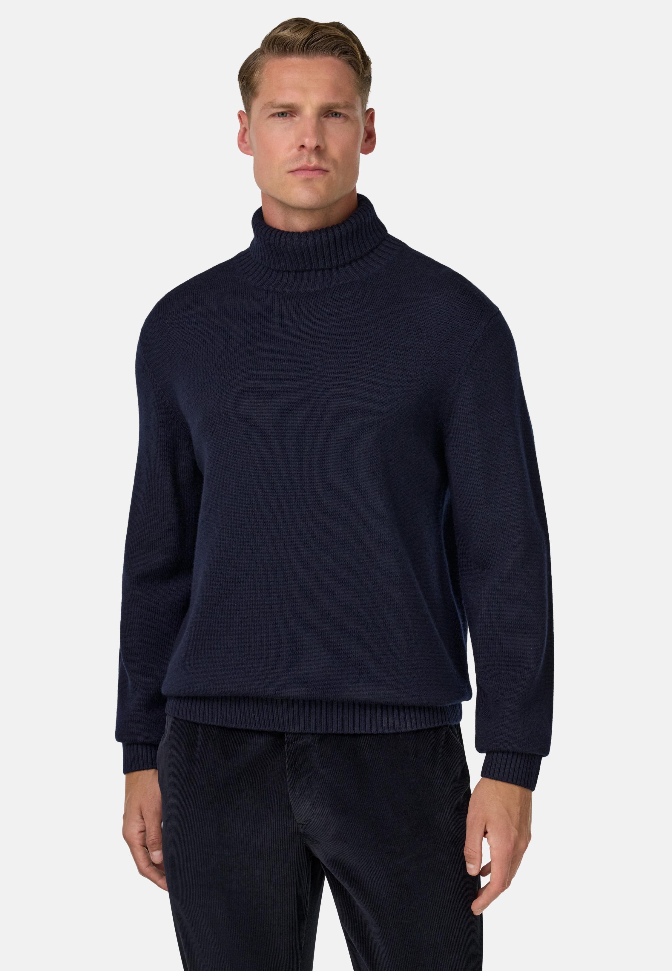 BLUE Merino Wool Polo Neck Jumper, Navy blue, medium
