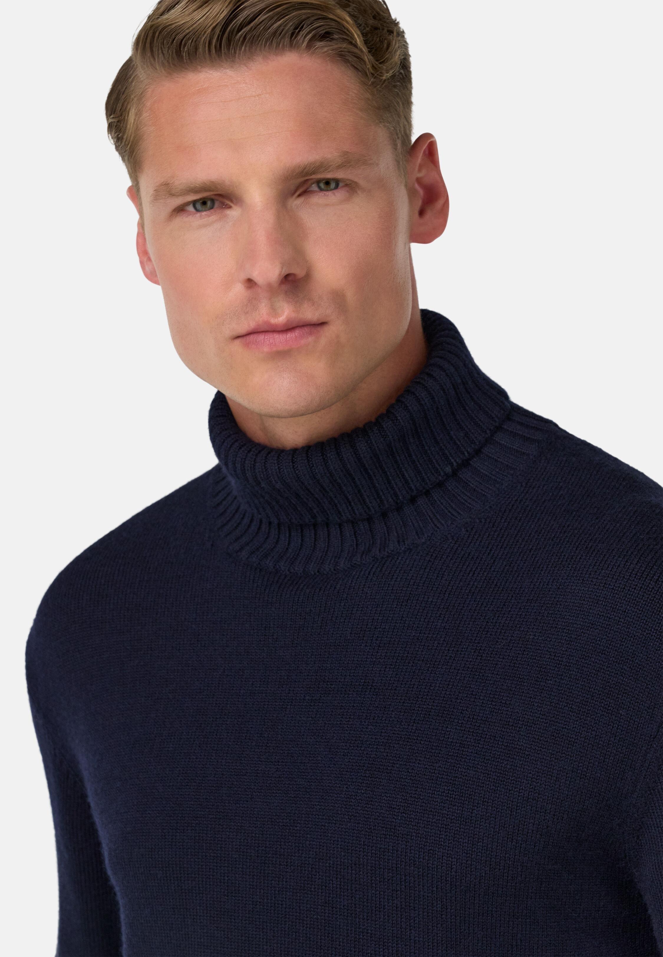 NAVY Merino Wool Polo Neck Jumper, Navy blue, medium
