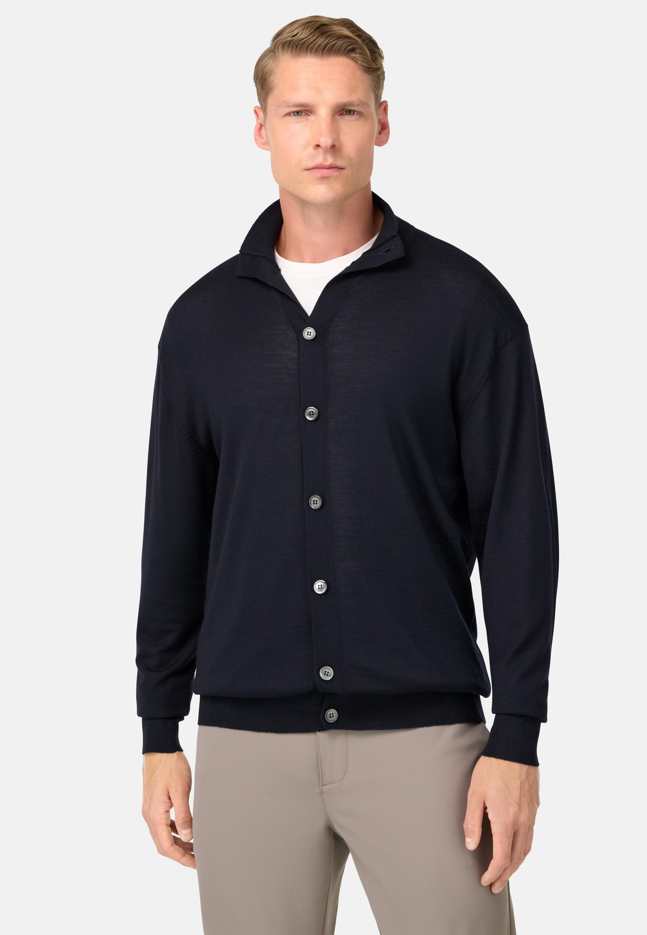 Knitted Cardigan In Wool, Silk And Cashmere Blue, Navy blue, medium