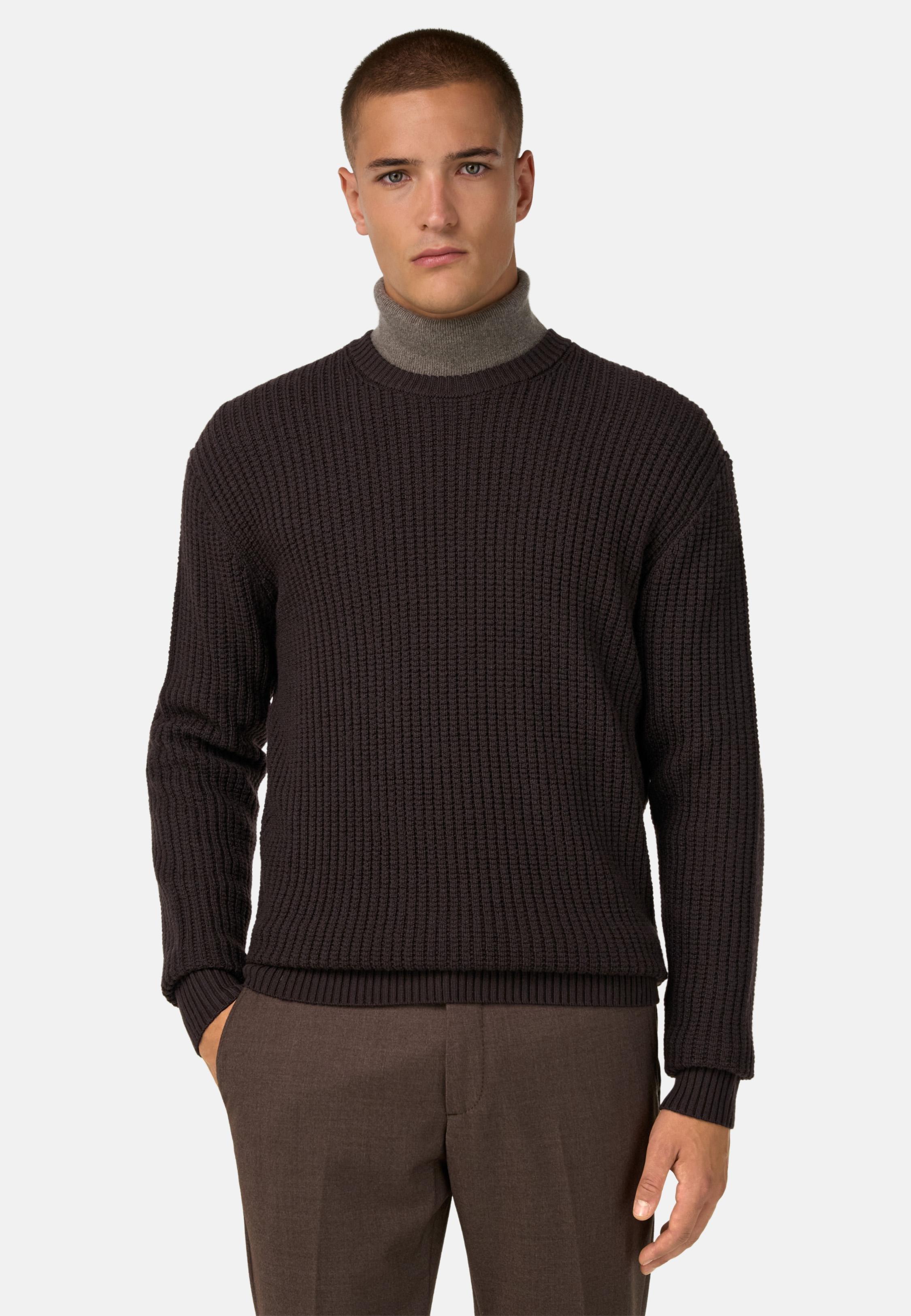 Merino Wool Crew Neck Jumper Brown, Dark brown, large image number 0