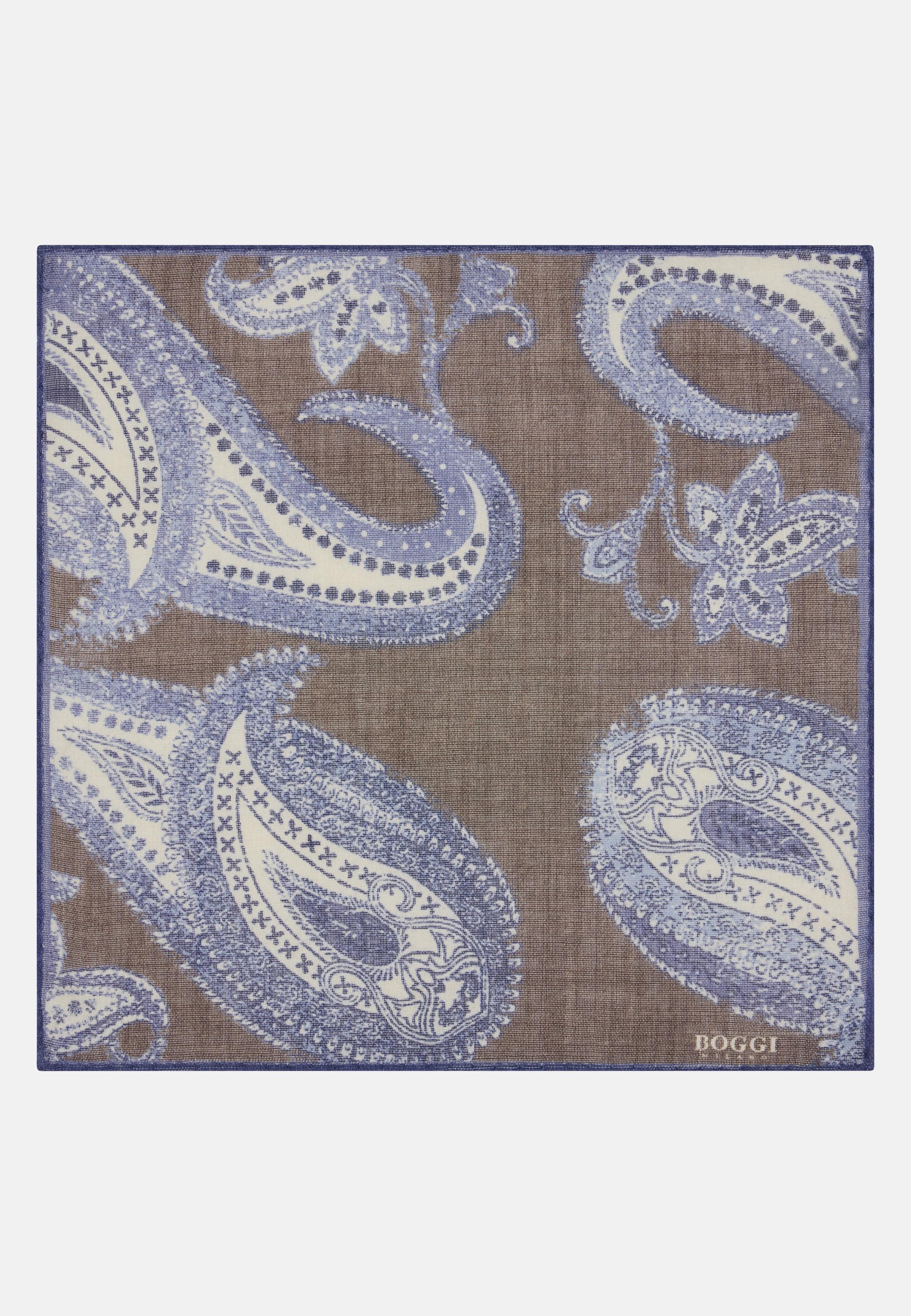 Macro Paisley Print Wool Pocket Square Brown, Taupe, medium