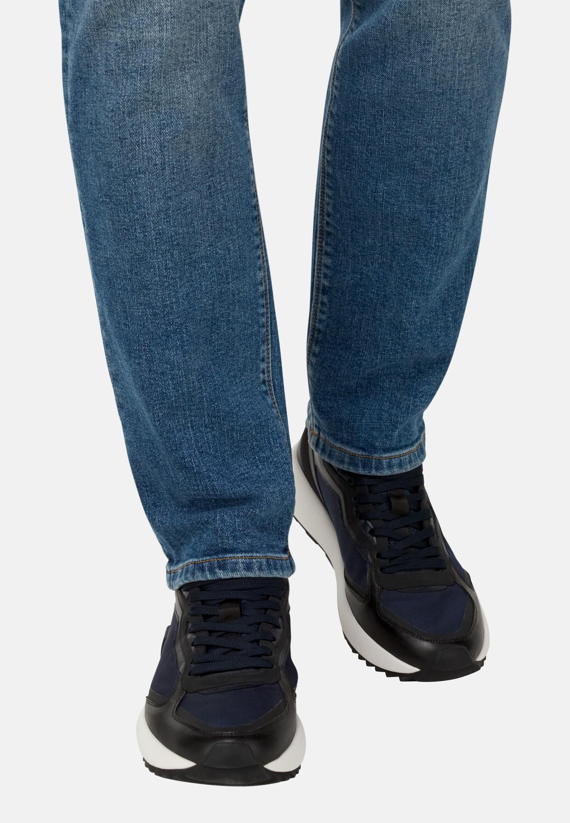 BLUE Trail Trainers in Leather and Technical Fabric, Navy blue, medium