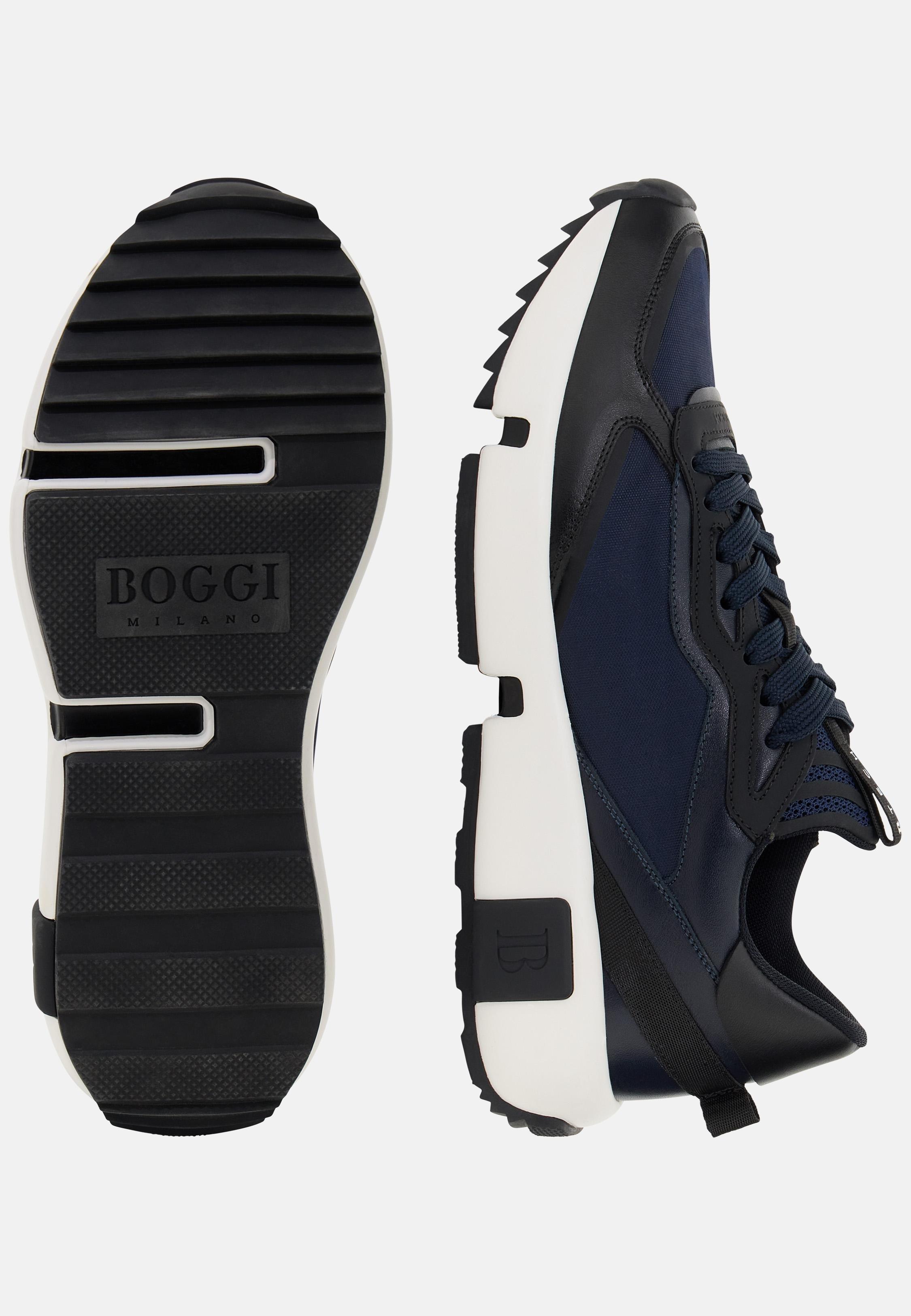 BLUE Trail Trainers in Leather and Technical Fabric, Navy blue, medium