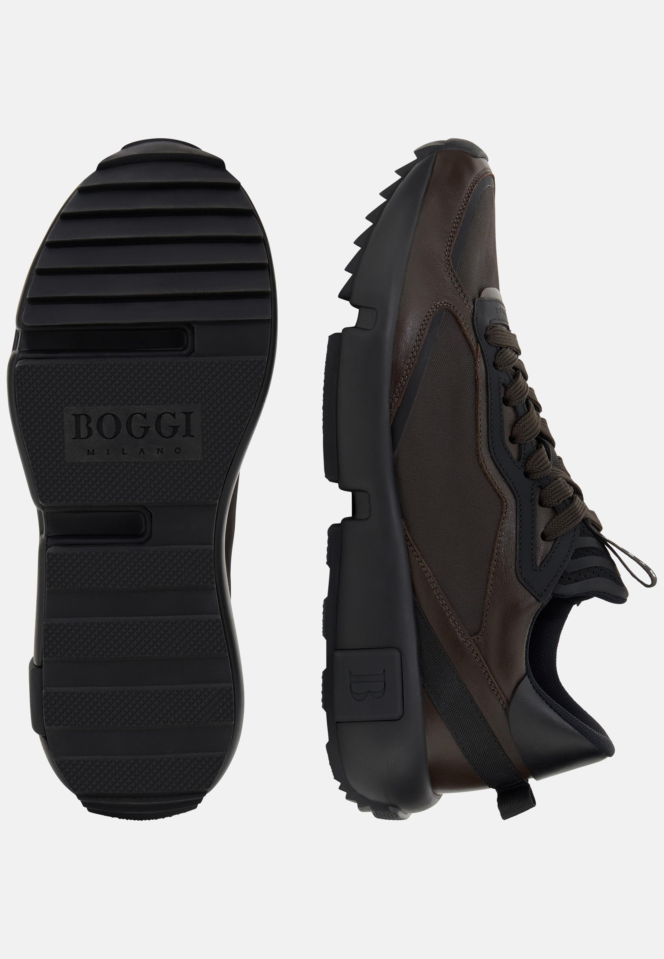 Trail Trainers in Leather and Technical Fabric Brown, Dark brown, medium