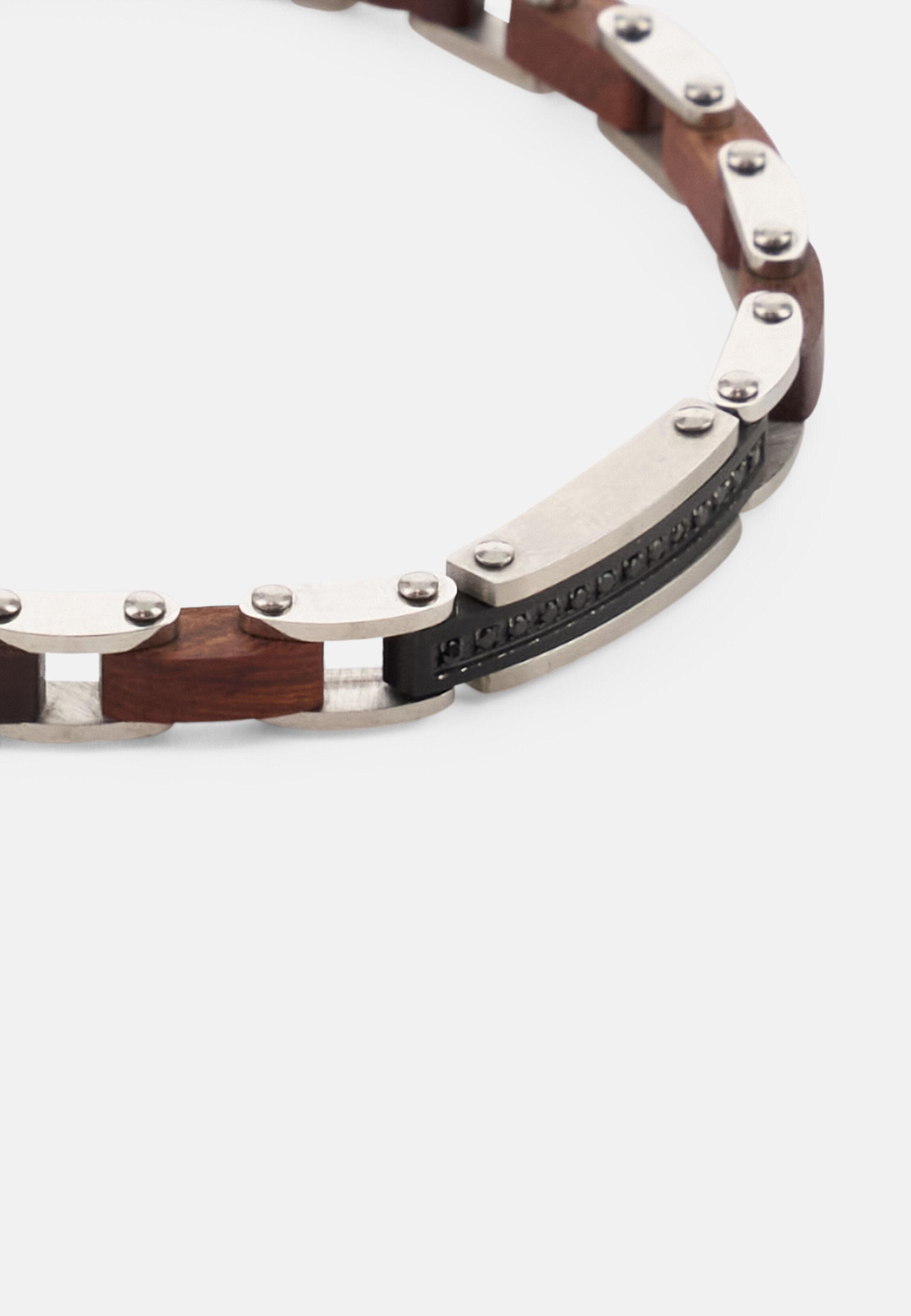 Steel And Wood Chain Bracelet Brown, 3901_BROW, medium