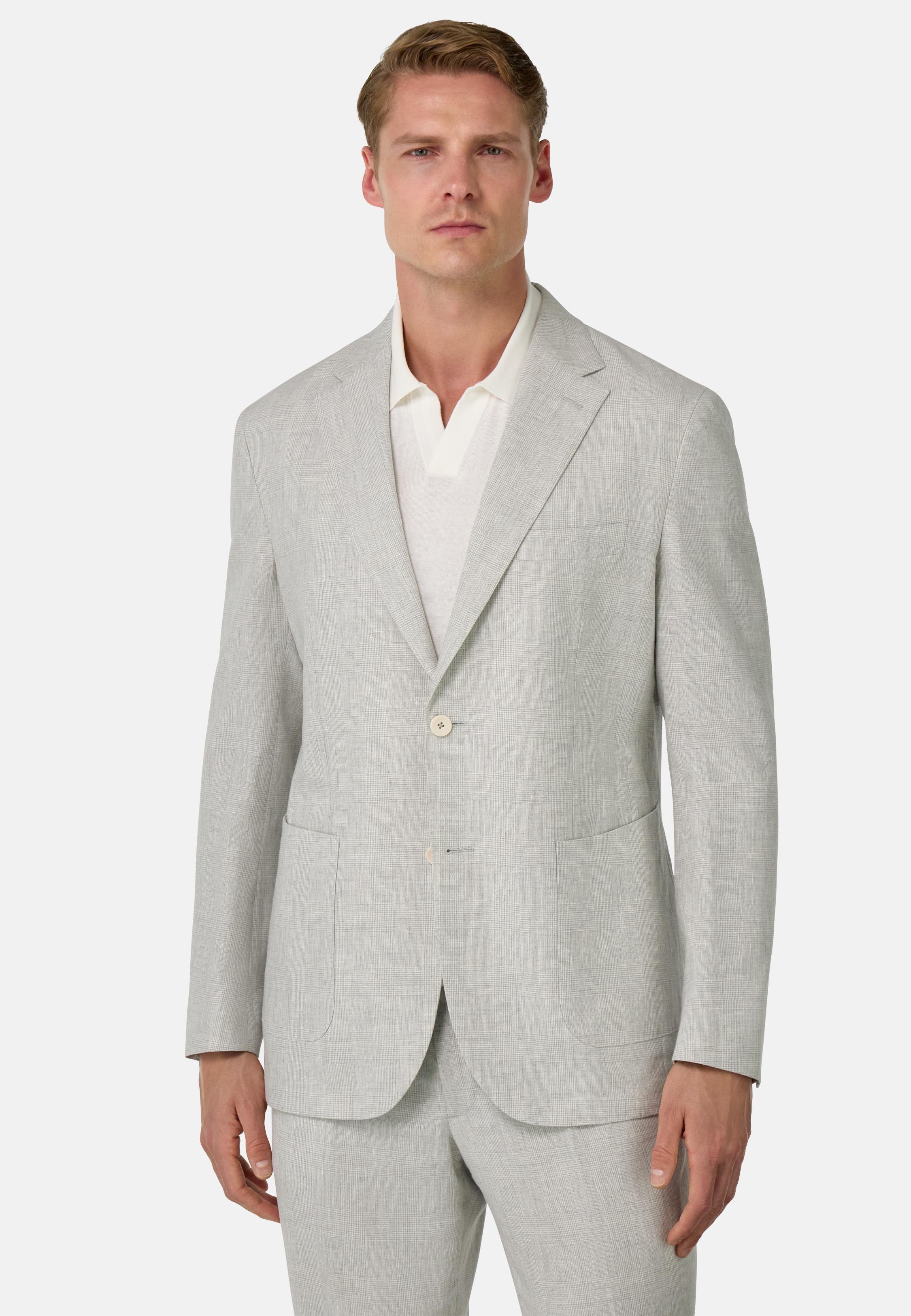 Prince of Wales Check Suit in Linen and Cotton Grey, Light grey, medium