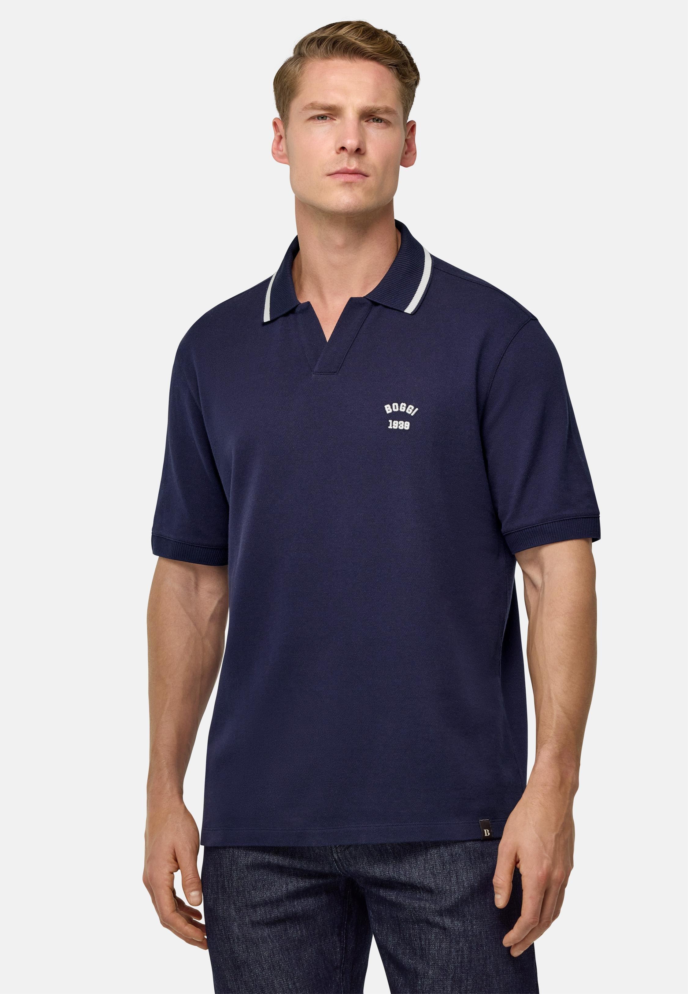 Cotton Pique Polo Shirt Navy, Navy blue, medium