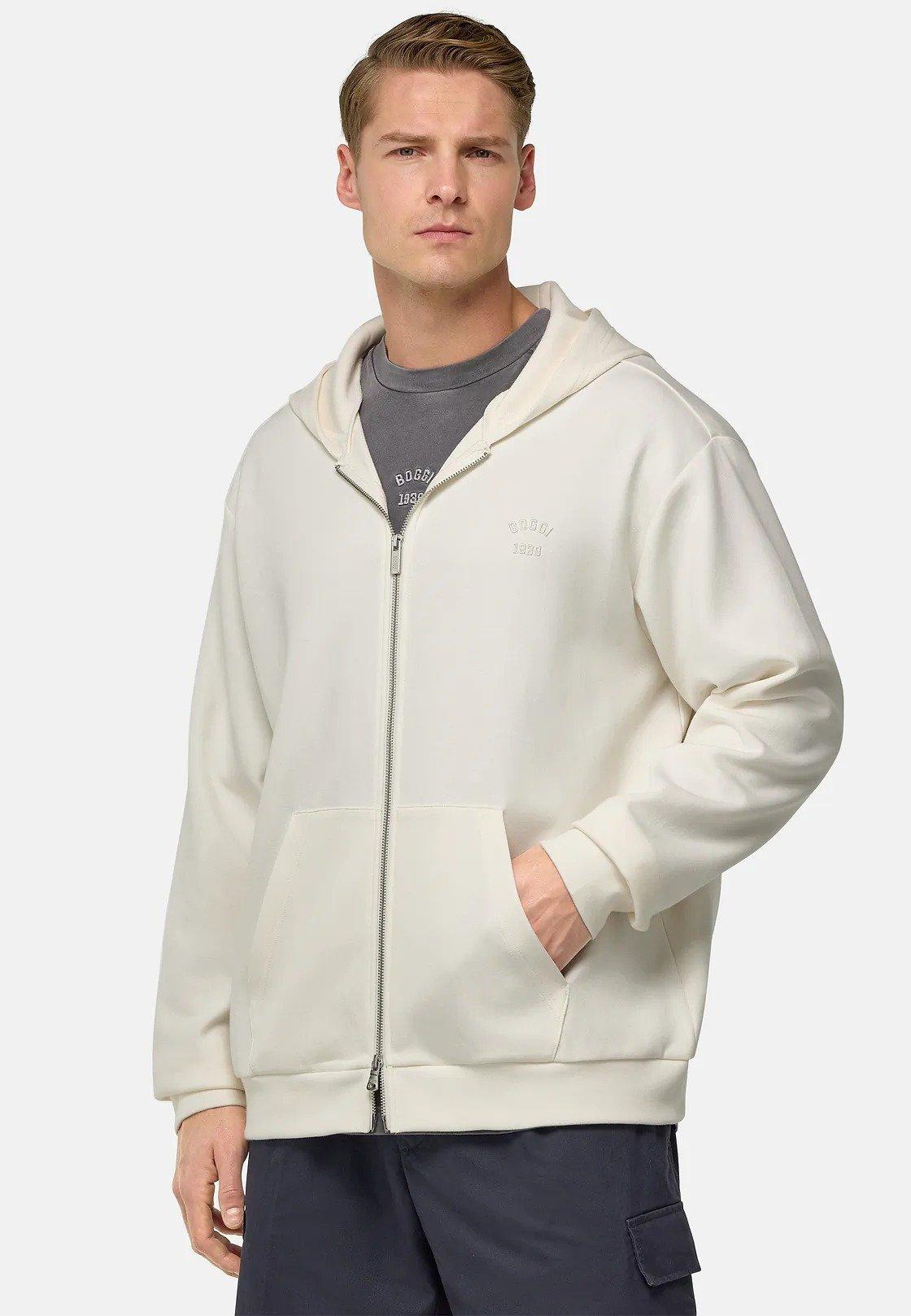 Cream Cotton Blend Full-Zip Sweatshirt, , large image number 1