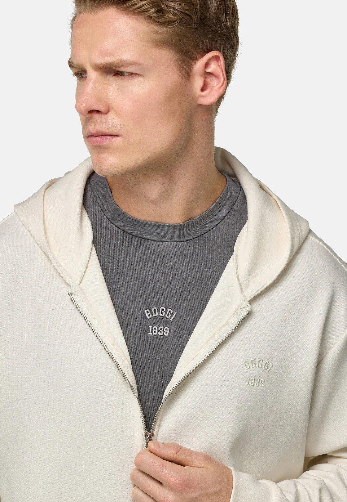 Cream Cotton Blend Full-Zip Sweatshirt, , large image number 3