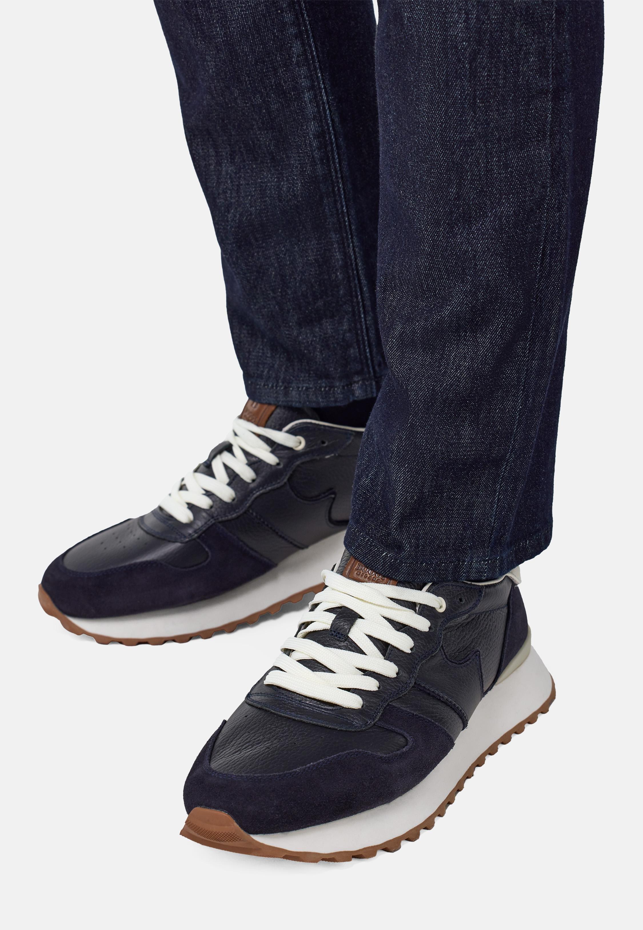 Tumbled Leather Trainers Navy, Navy blue, medium