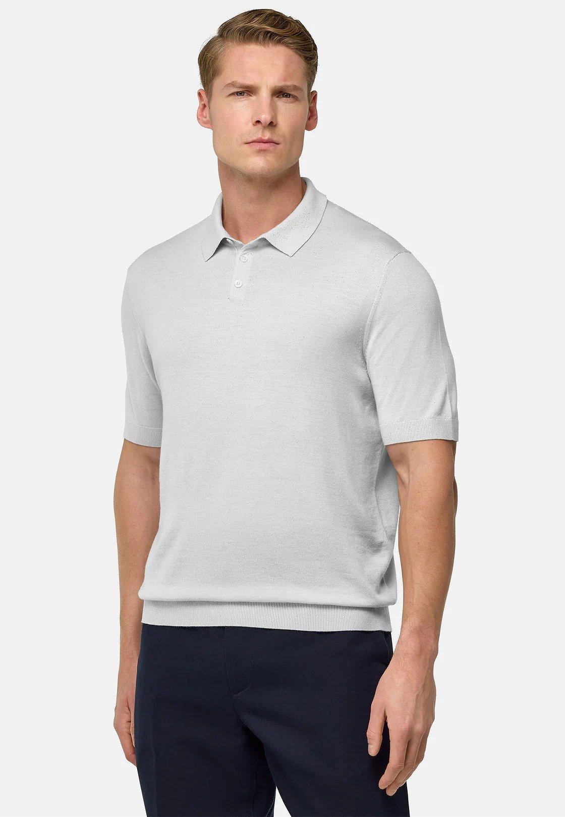 Knitted Merino Wool Polo Shirt Grey, Ice, medium