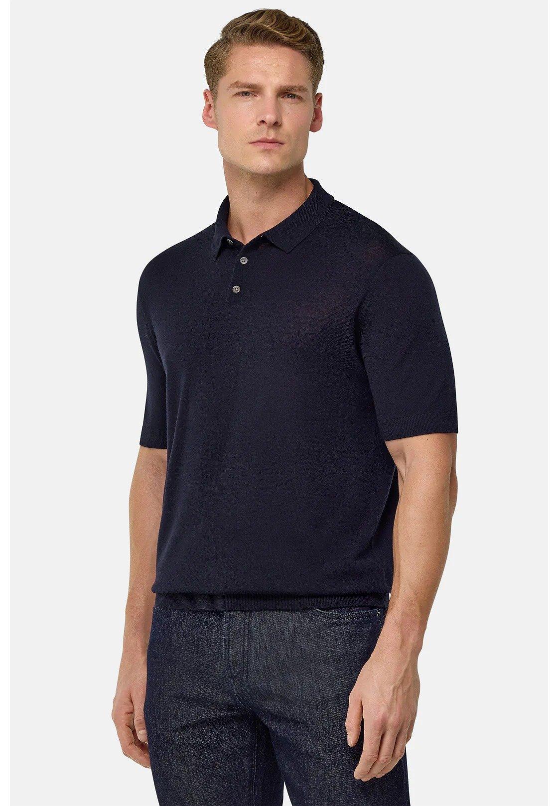 Navy Knitted Merino Wool Polo Shirt, , large image number 1