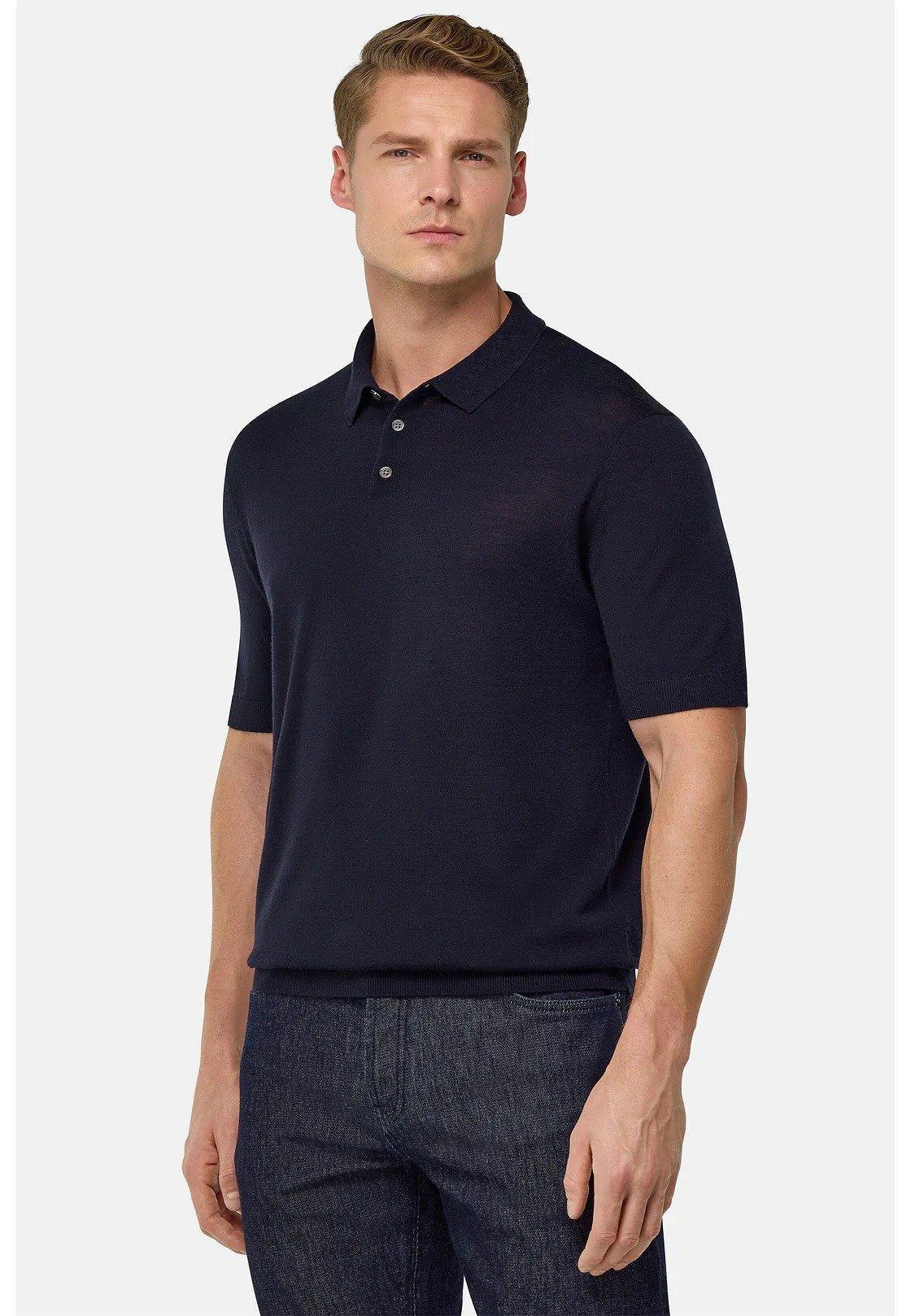Navy Plain Knit Polo Shirt, , large image number 2