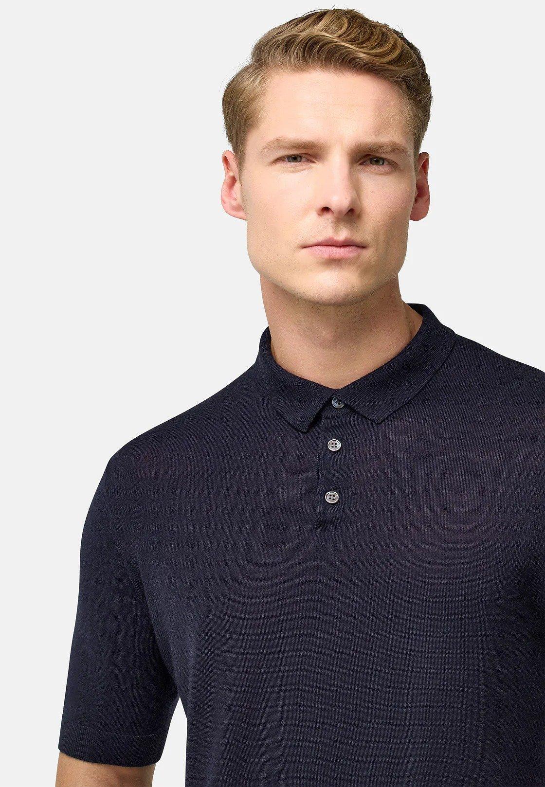 Navy Knitted Merino Wool Polo Shirt, , large image number 3