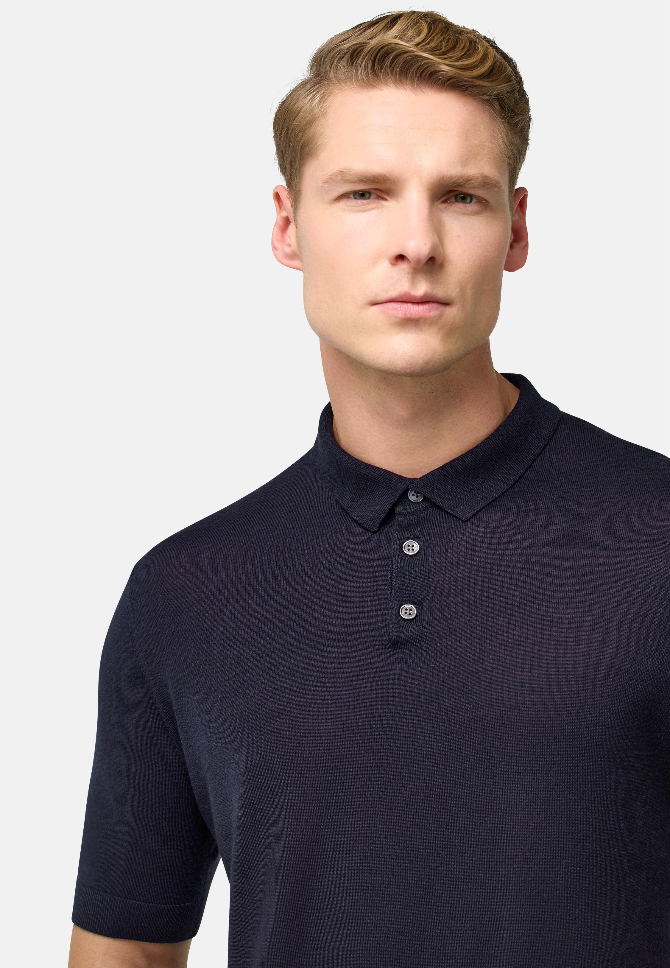 Navy Plain Knit Polo Shirt, , large image number 5