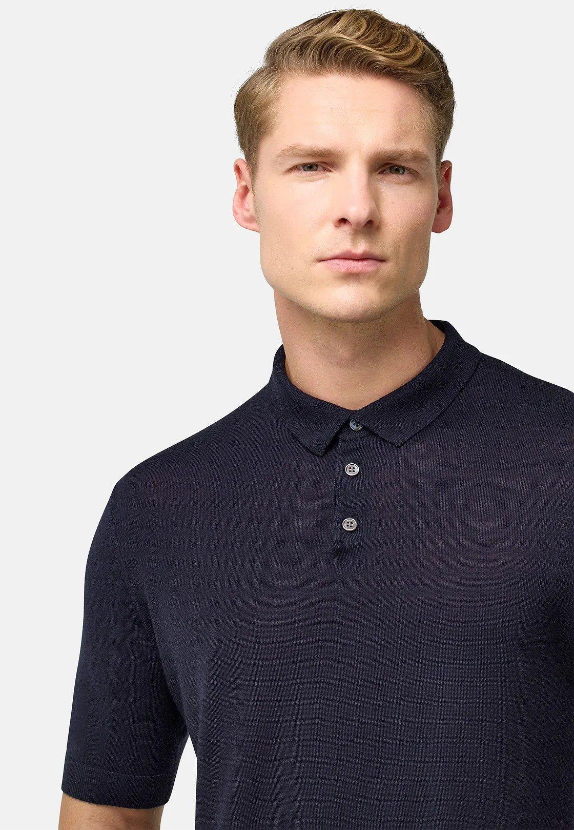 Navy Plain Knit Polo Shirt, , large image number 6