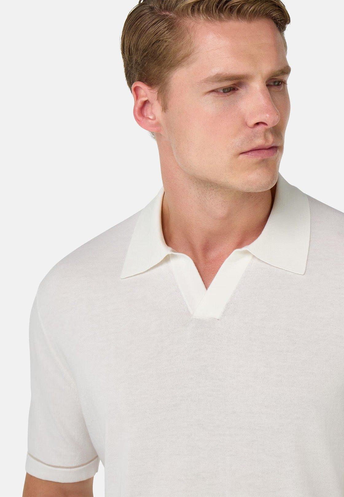 Cotton Crepe Knit Polo Shirt White, White, large image number 4