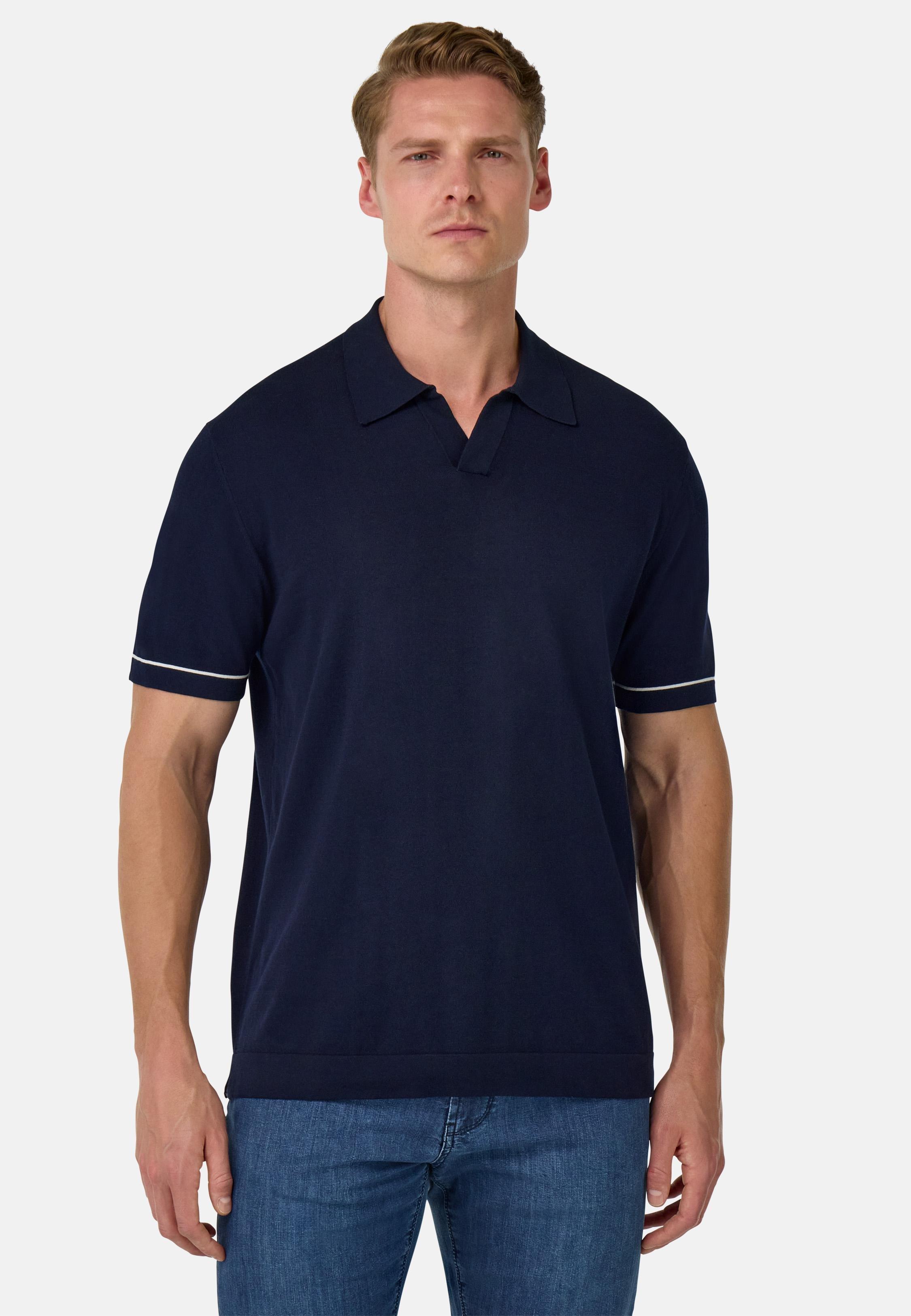 Cotton Cr�pe Knit Polo Shirt Navy, , large image number 0