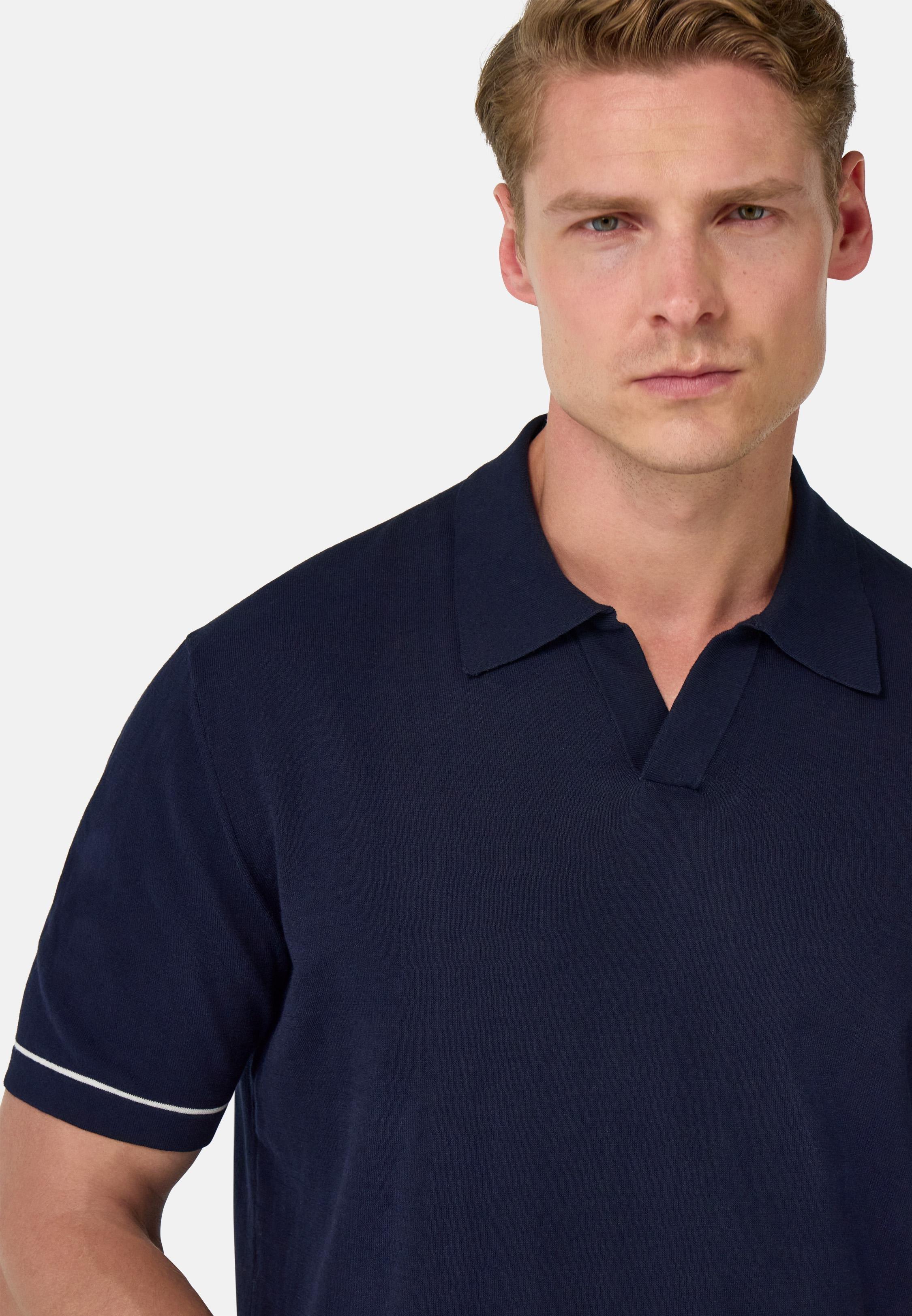 Cotton Cr�pe Knit Polo Shirt Navy, , large image number 2