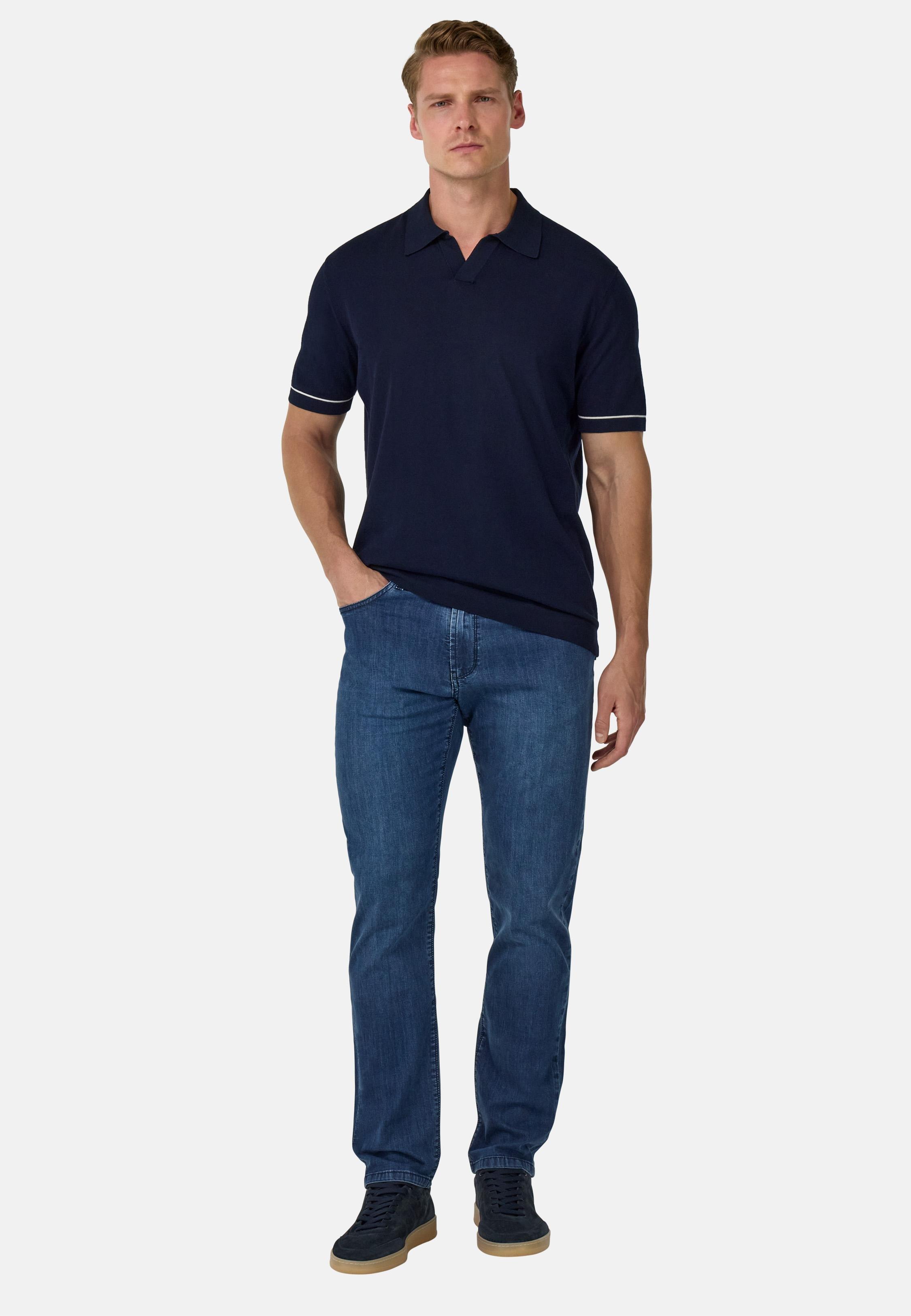Cotton Cr�pe Knit Polo Shirt Navy, , large image number 3