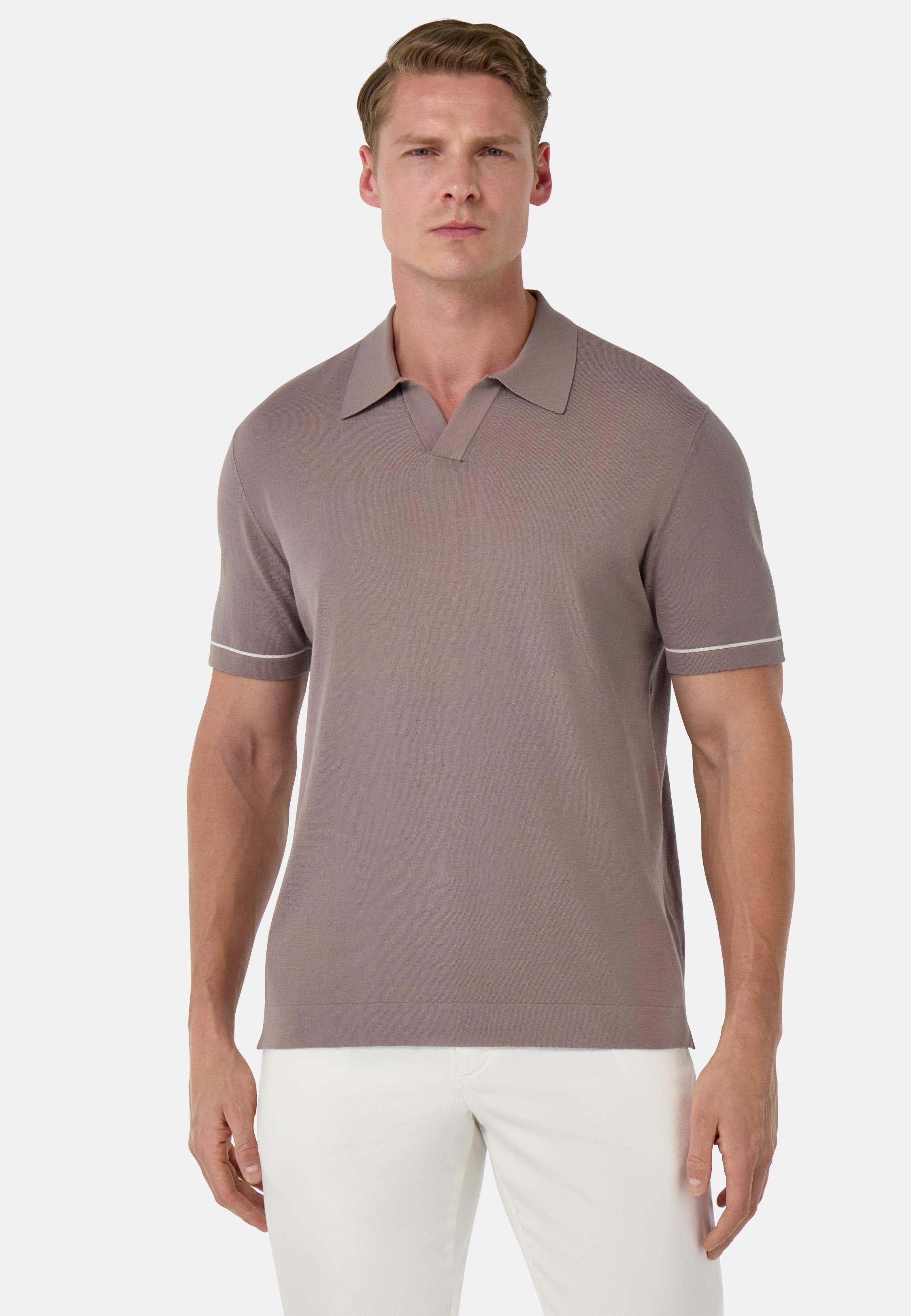 Cotton Cr�pe Knit Polo Shirt Brown, , large image number 0