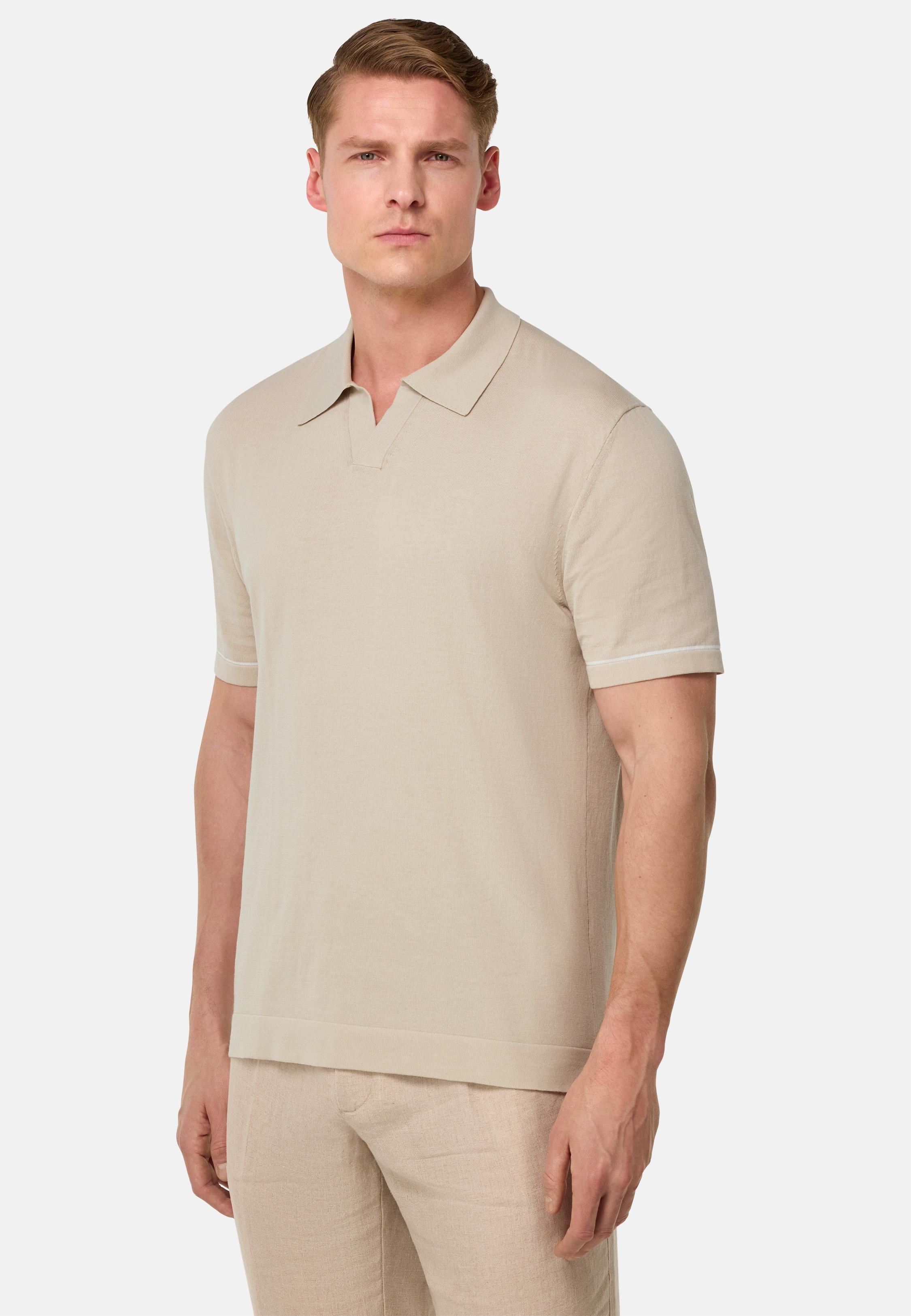 Cotton Crêpe Knit Polo Shirt Beige, Sand, medium