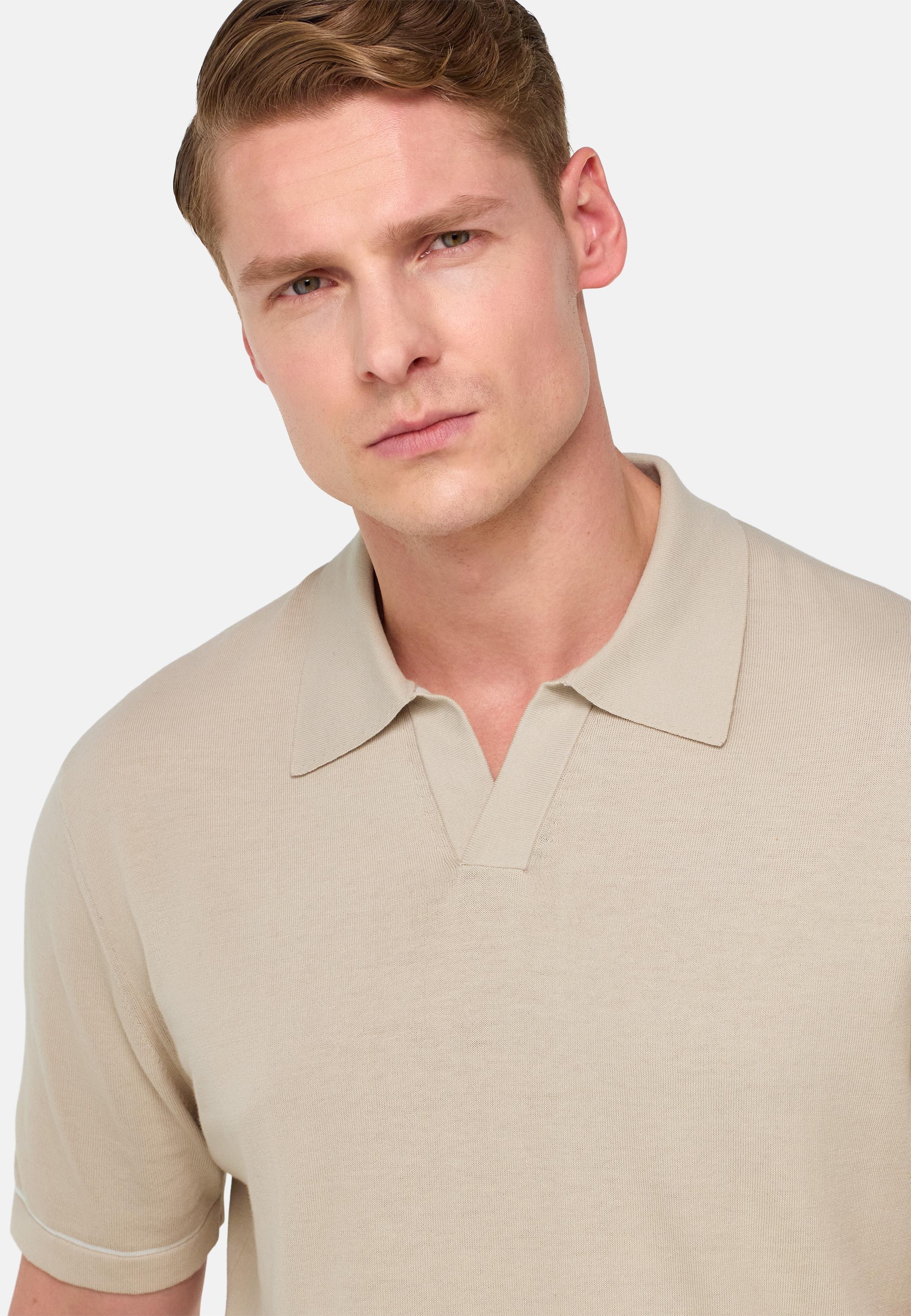 Cotton Cr&ecirc;pe Knit Polo Shirt Beige, Sand, large image number 4