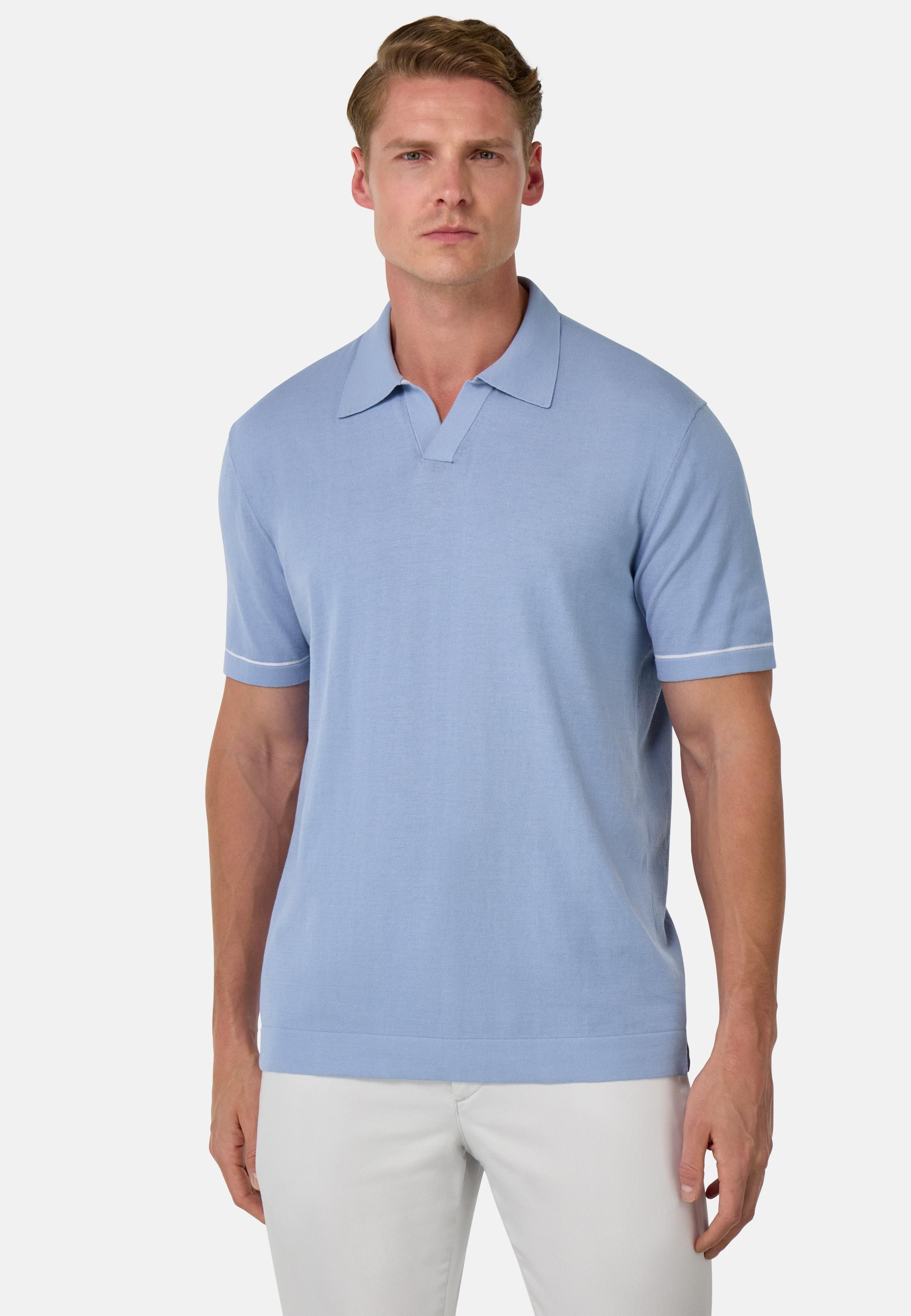 Cotton Cr�pe Knit Polo Shirt Blue, , large image number 0