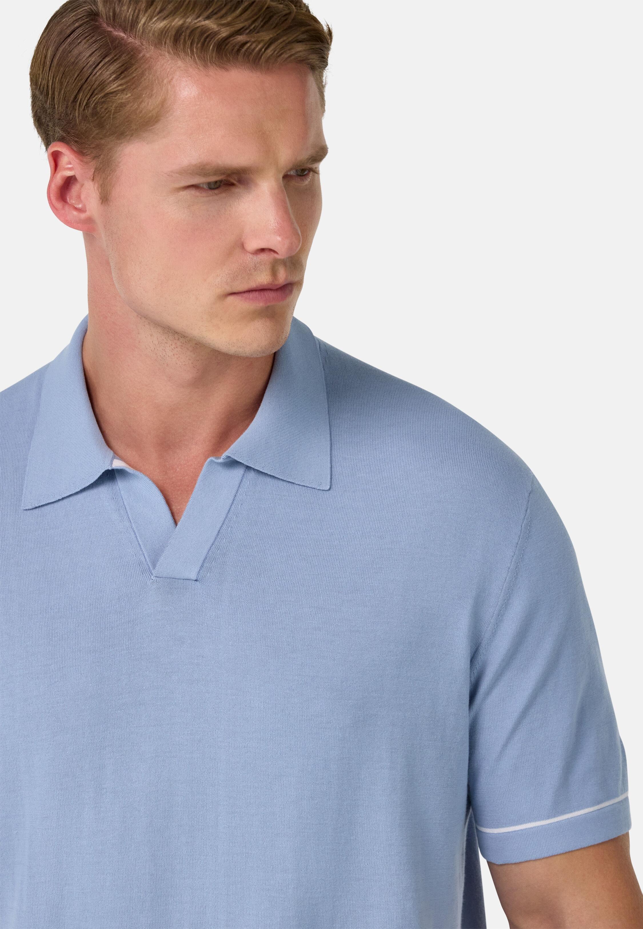 Cotton Crape Knit Polo Shirt Blue, Light Blue, large image number 5