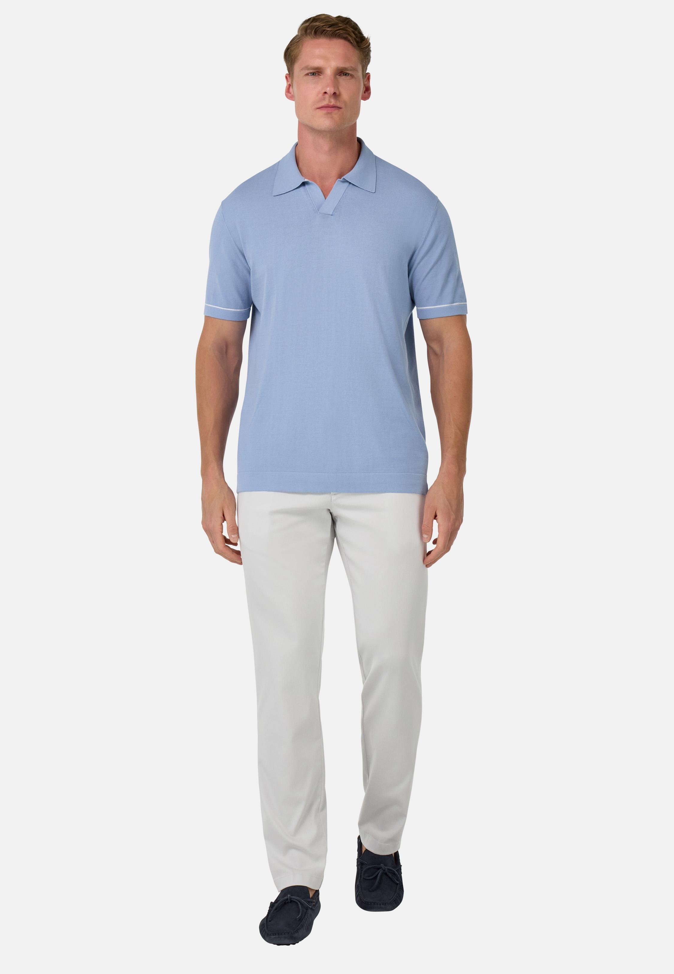 Cotton Crape Knit Polo Shirt Blue, Light Blue, large image number 6