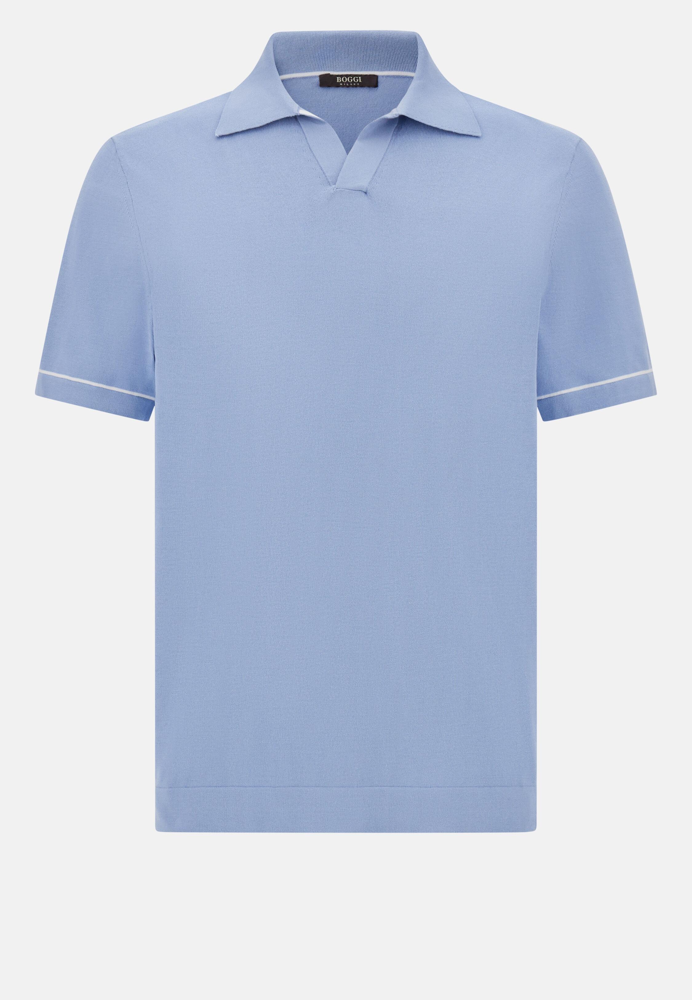 Cotton Crape Knit Polo Shirt Blue, Light Blue, large image number 7
